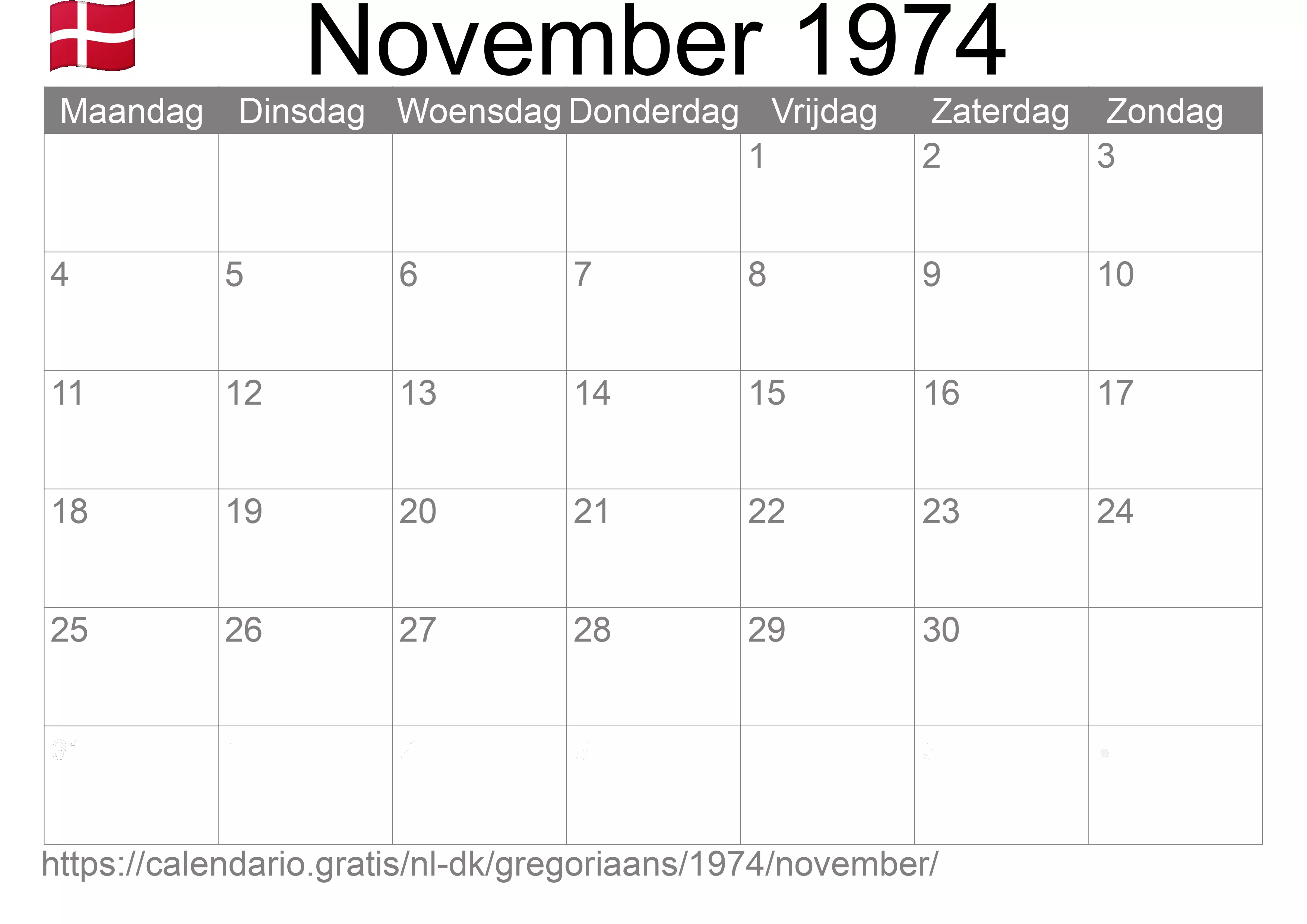 Kalender November 1974 om af te drukken (Denemarken)