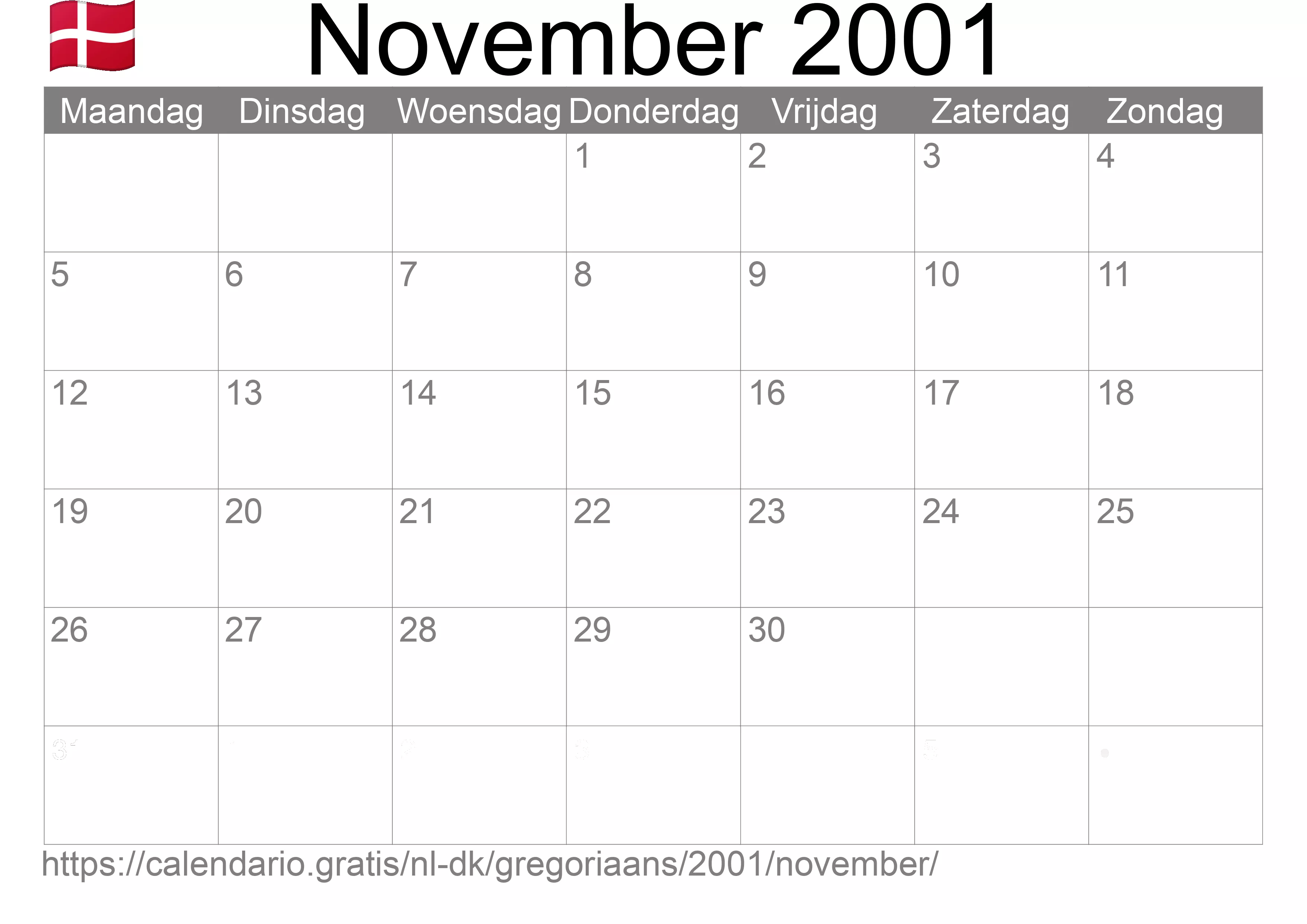 Kalender November 2001 om af te drukken (Denemarken)