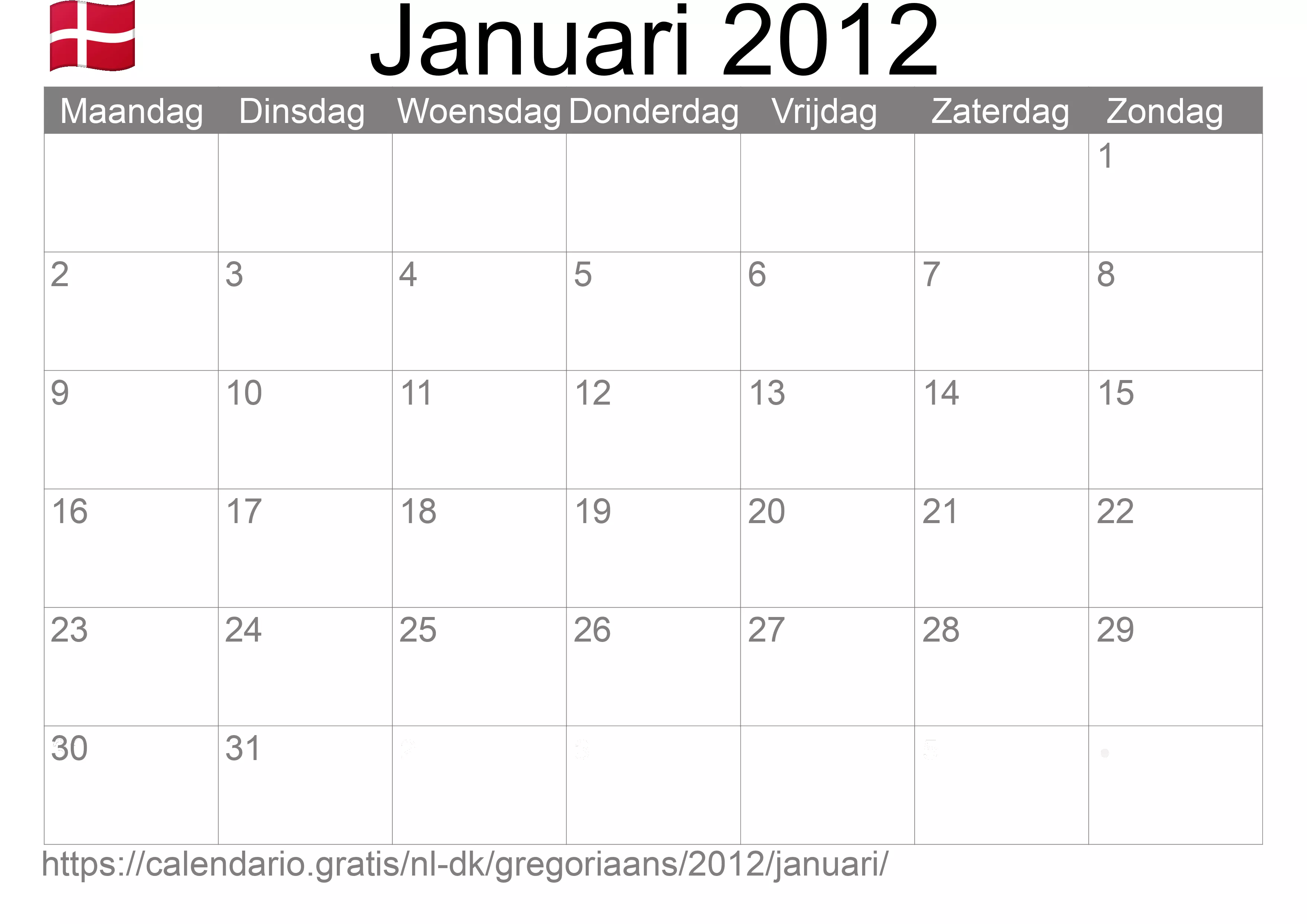 Kalender Januari 2012 om af te drukken (Denemarken)