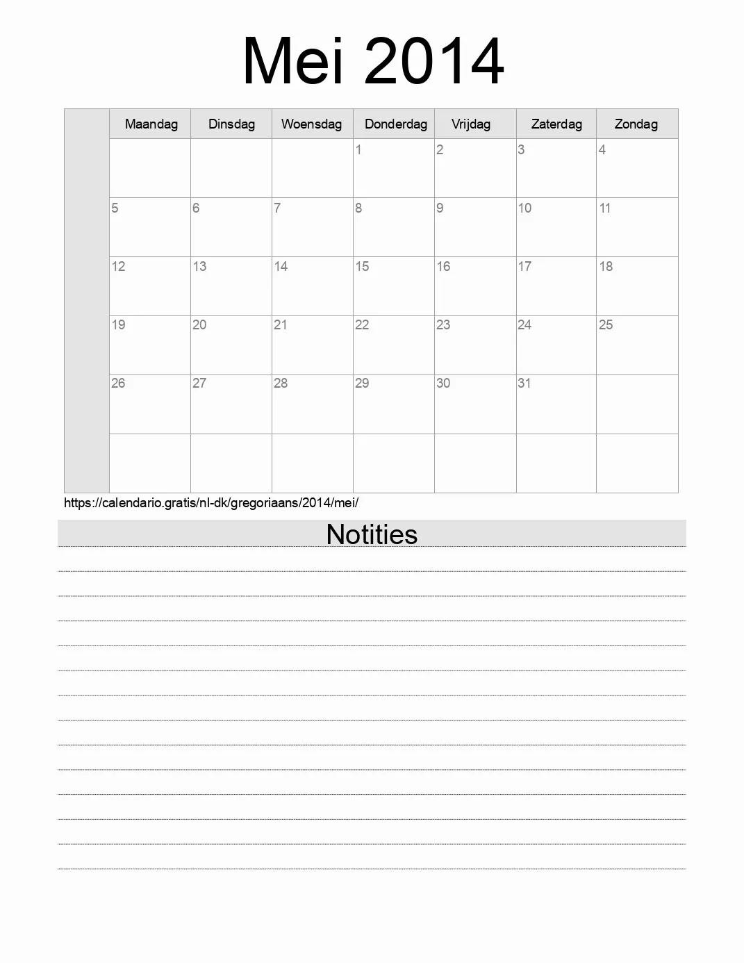 Kalender voor Mei 2014 om af te drukken met notities. (Denemarken)