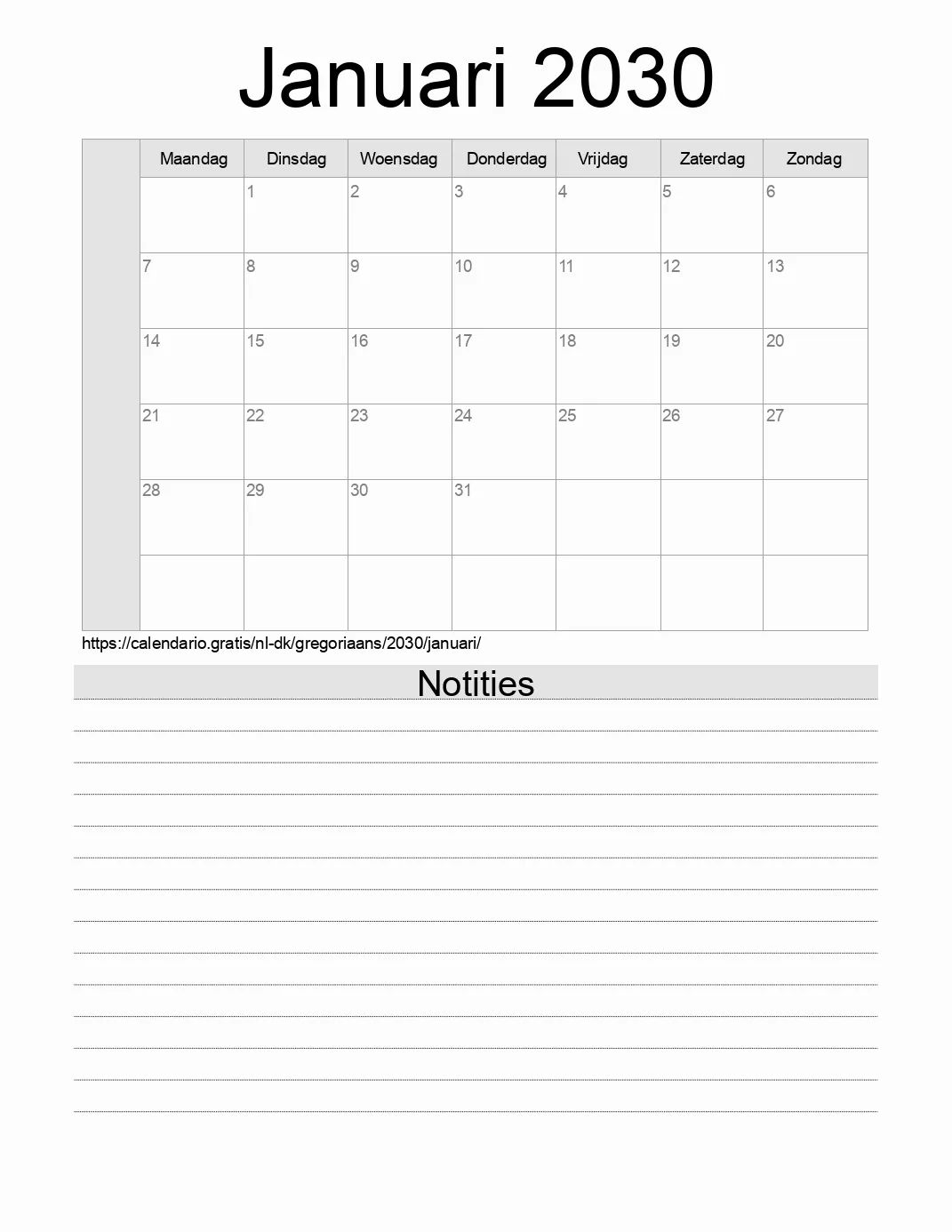 Kalender voor Januari 2030 om af te drukken met notities. (Denemarken) Kalender voor Januari 2030 om af te drukken met notities. (Denemarken)