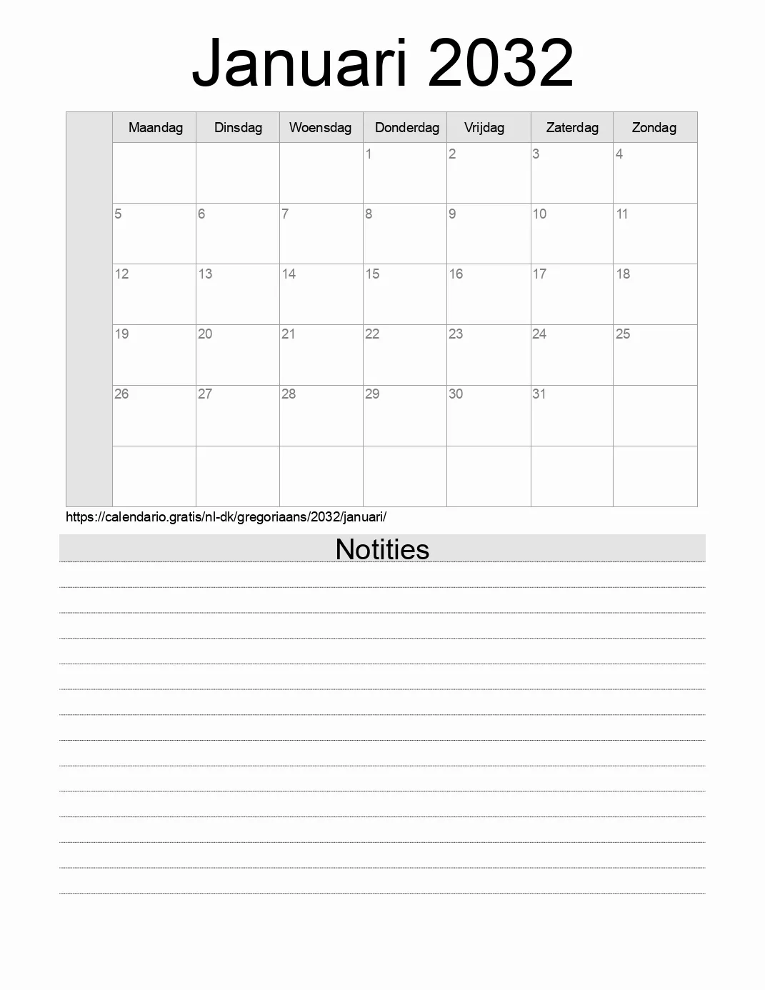 Kalender voor Januari 2032 om af te drukken met notities. (Denemarken)