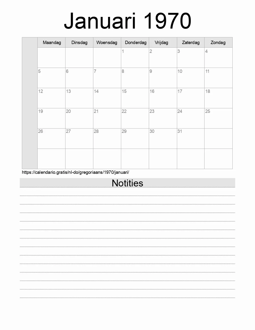 Kalender voor Januari 1970 om af te drukken met notities. (Dominicaanse Republiek)