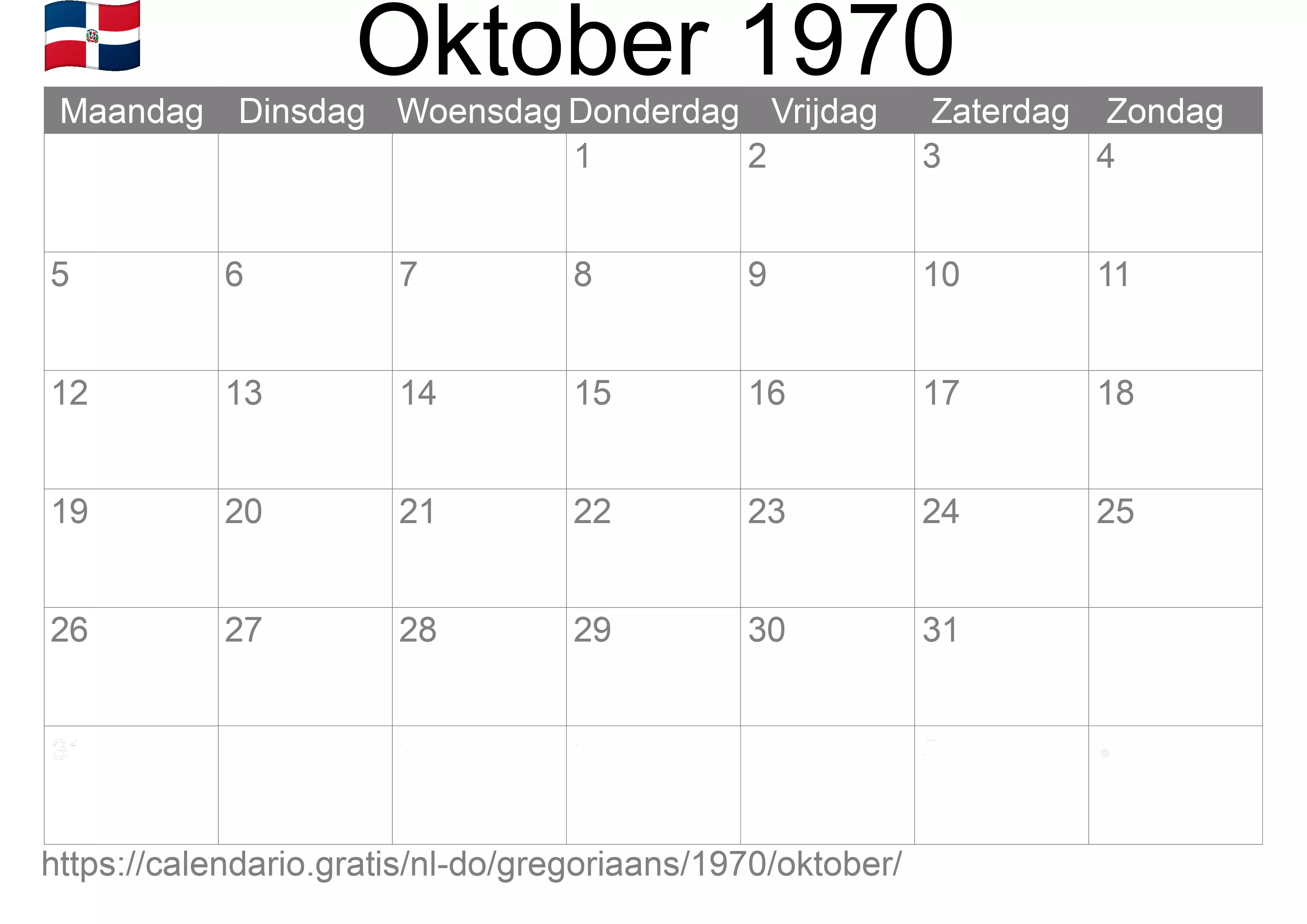 Kalender Oktober 1970 om af te drukken (Dominicaanse Republiek)