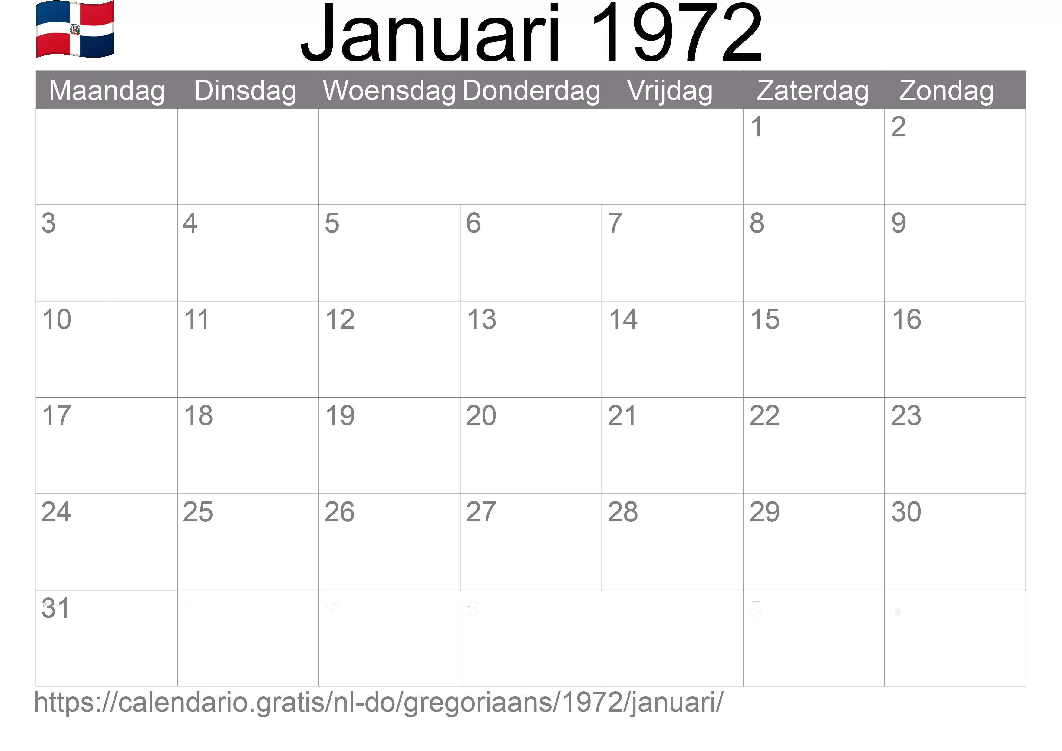 Kalender Januari 1972 om af te drukken (Dominicaanse Republiek)