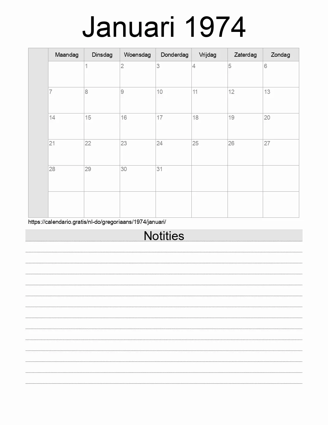 Kalender voor Januari 1974 om af te drukken met notities. (Dominicaanse Republiek)