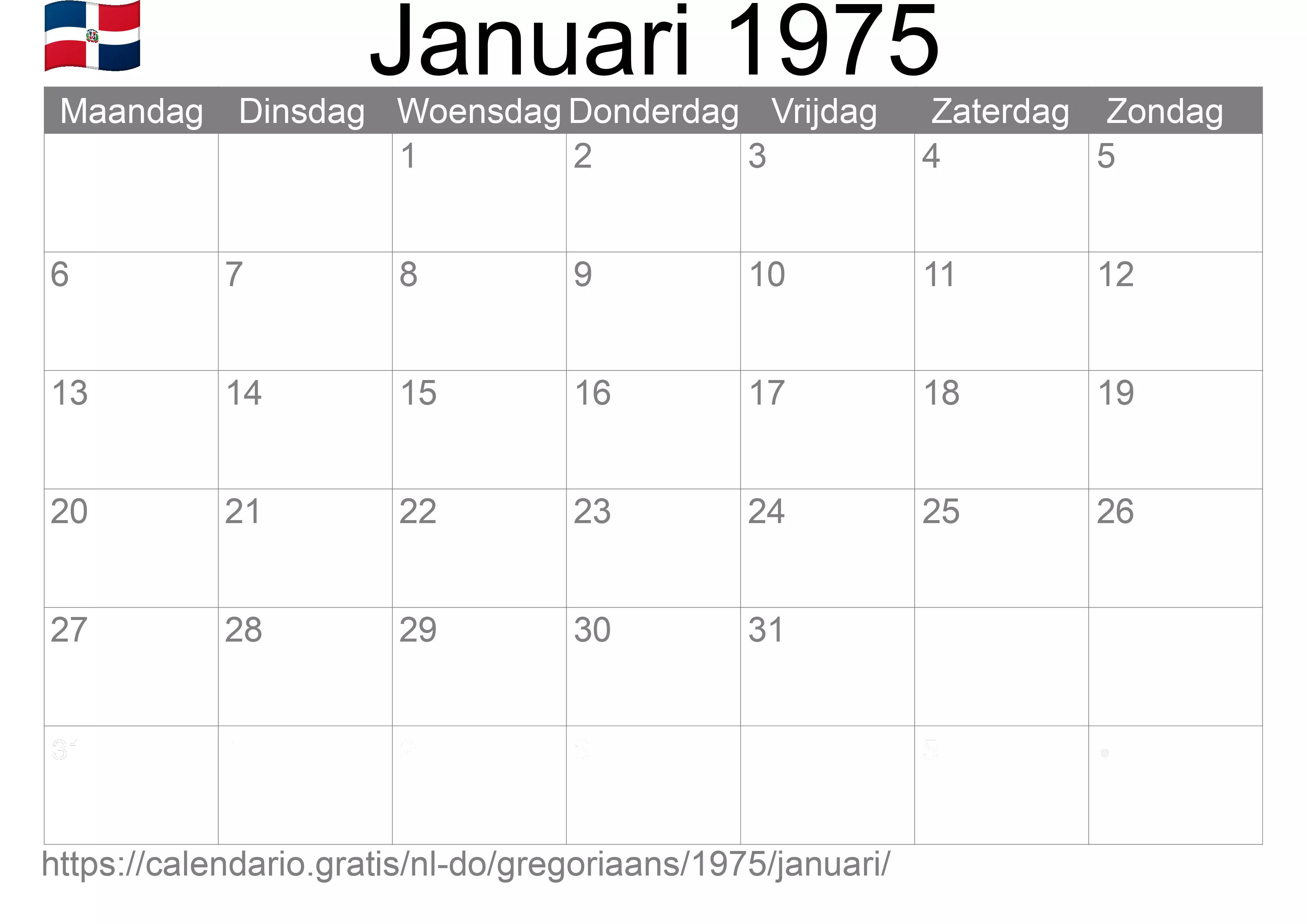 Kalender Januari 1975 om af te drukken (Dominicaanse Republiek)