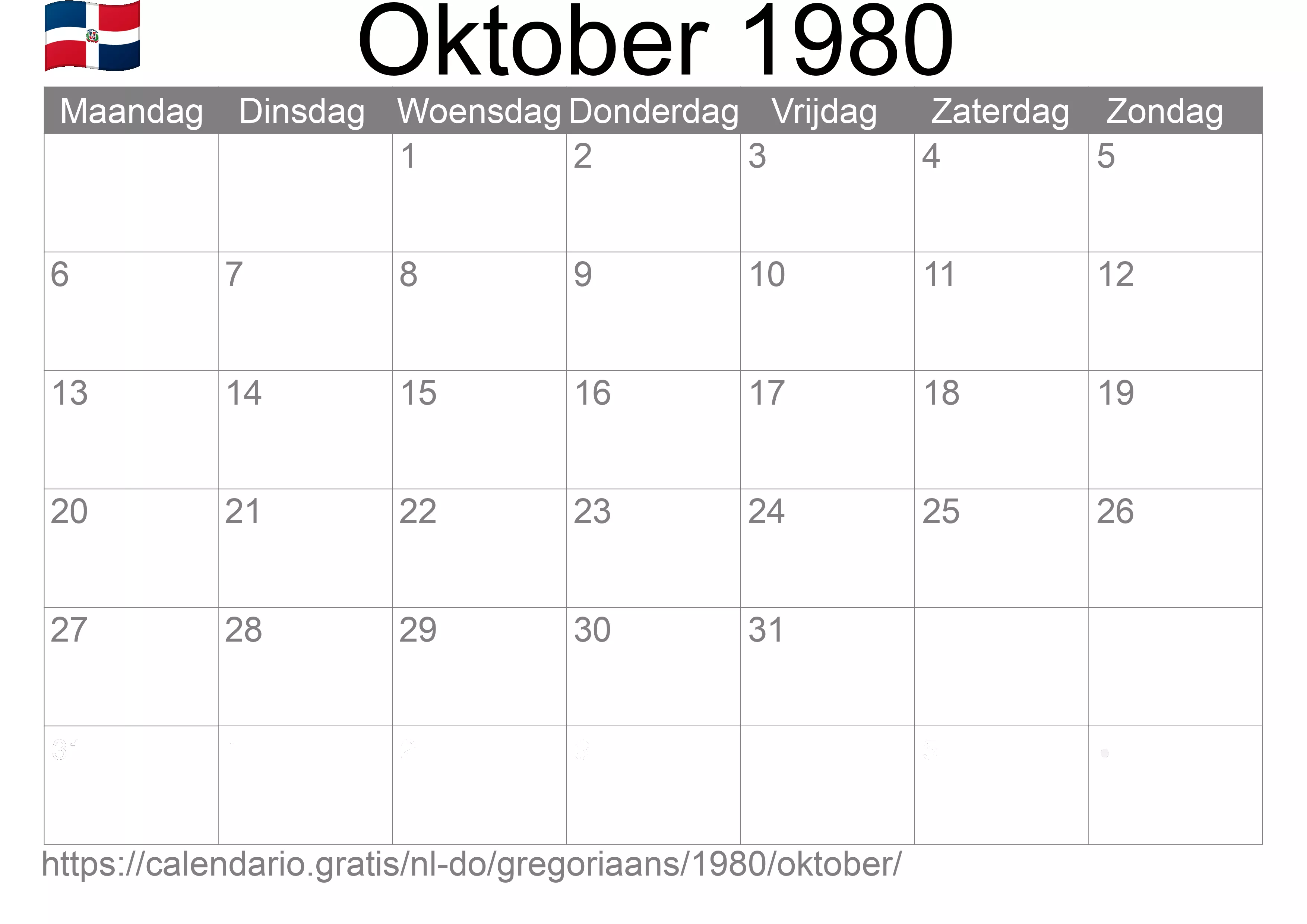 Kalender Oktober 1980 om af te drukken (Dominicaanse Republiek)
