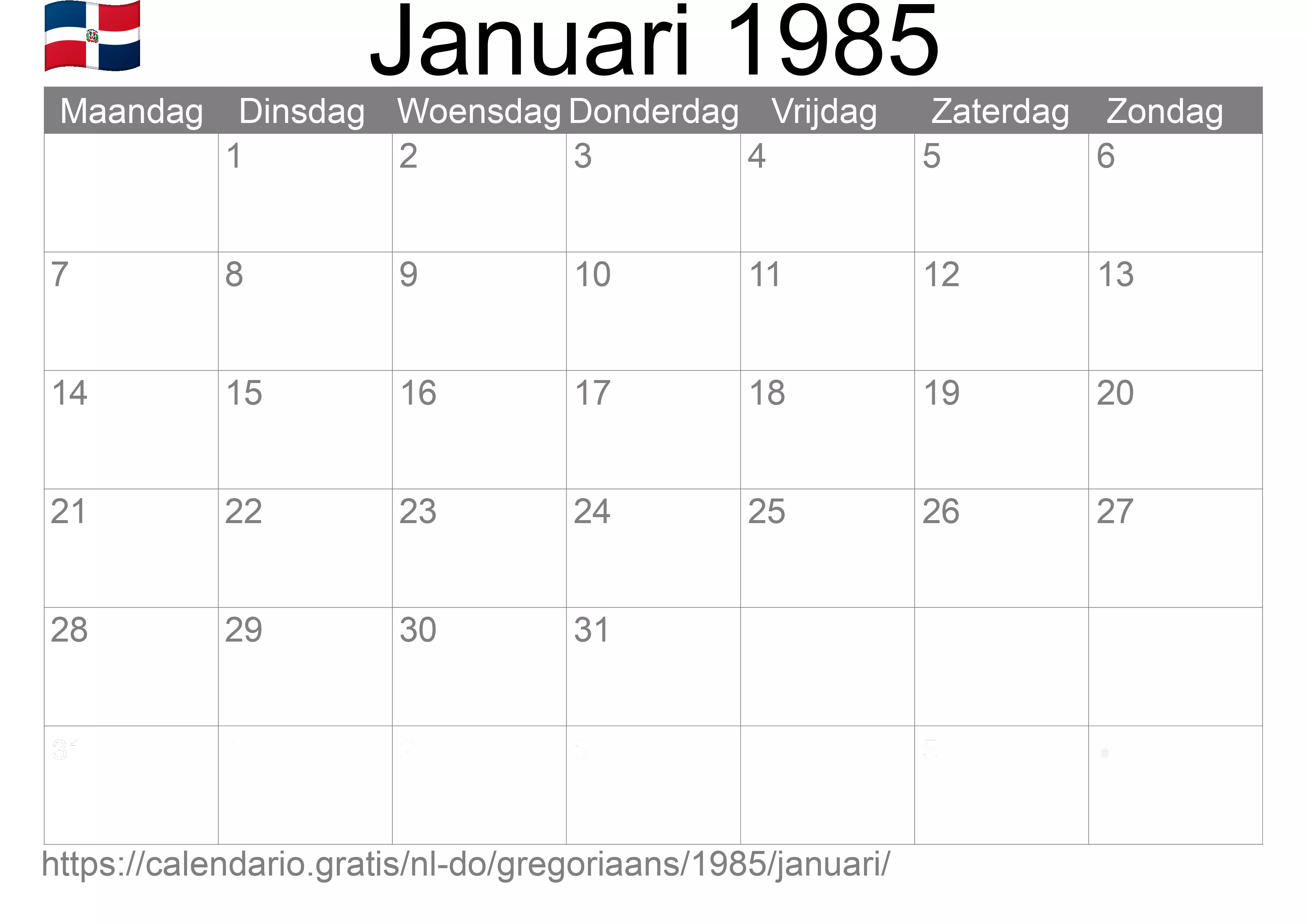 Kalender Januari 1985 om af te drukken (Dominicaanse Republiek)