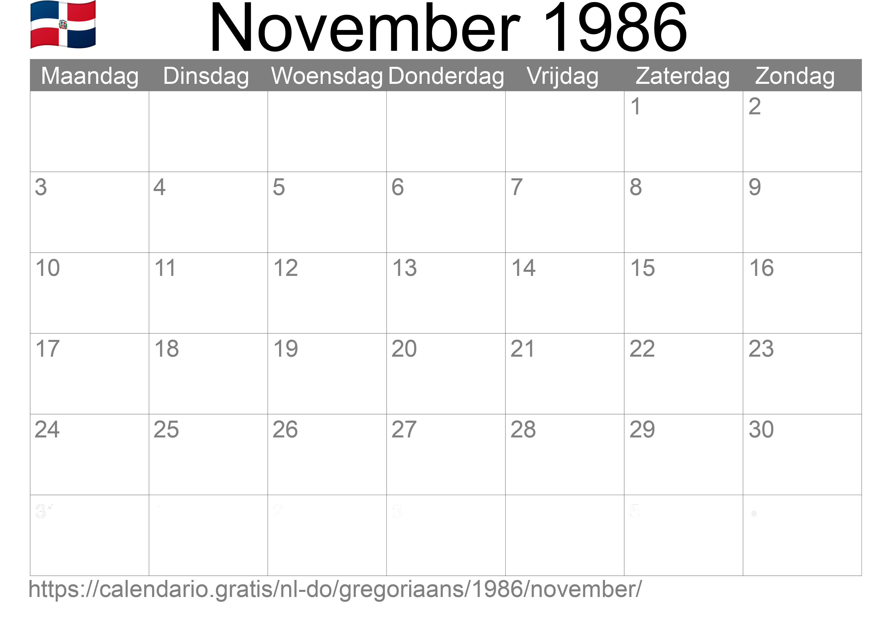 Kalender November 1986 om af te drukken