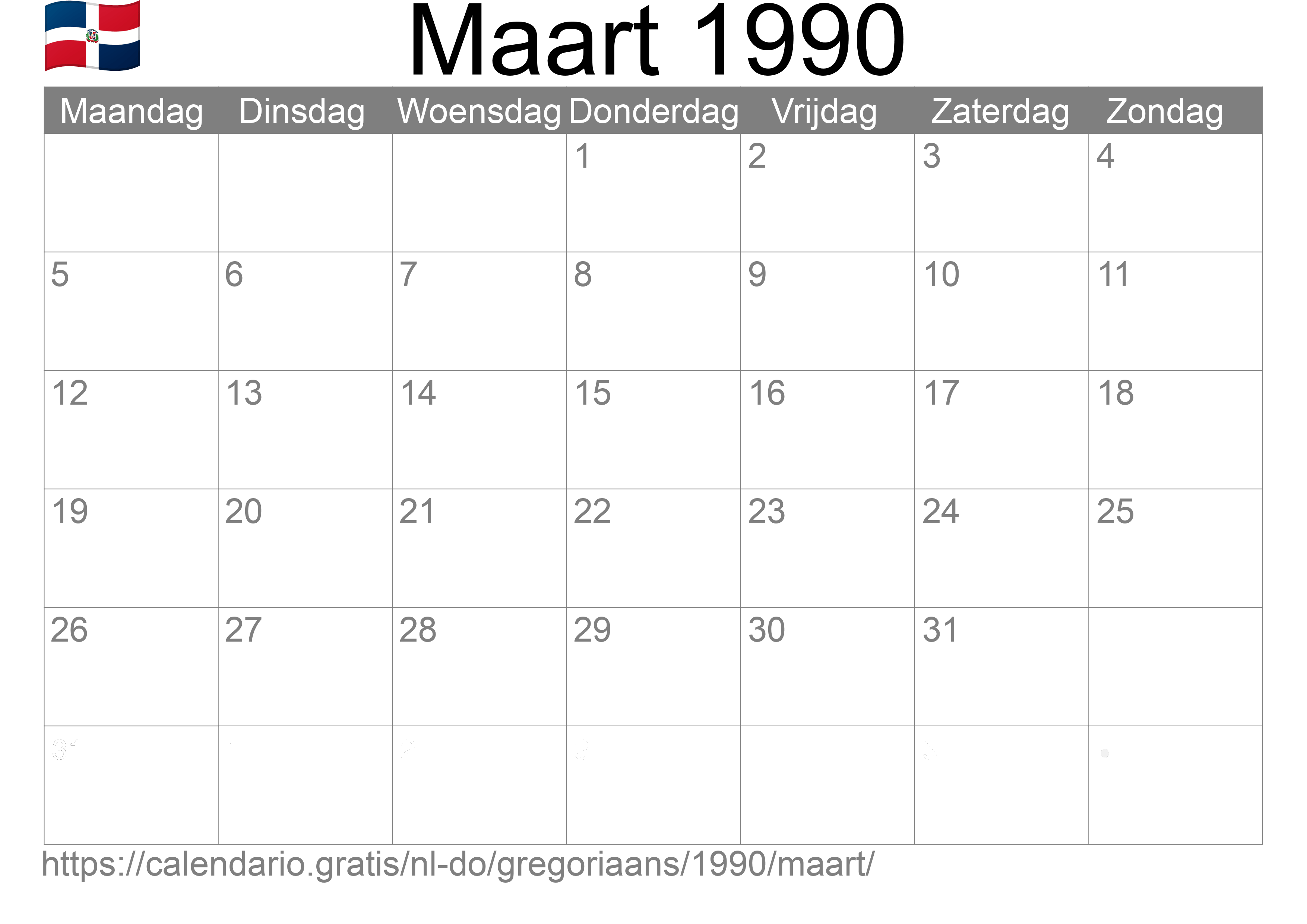 Kalender Maart 1990 om af te drukken