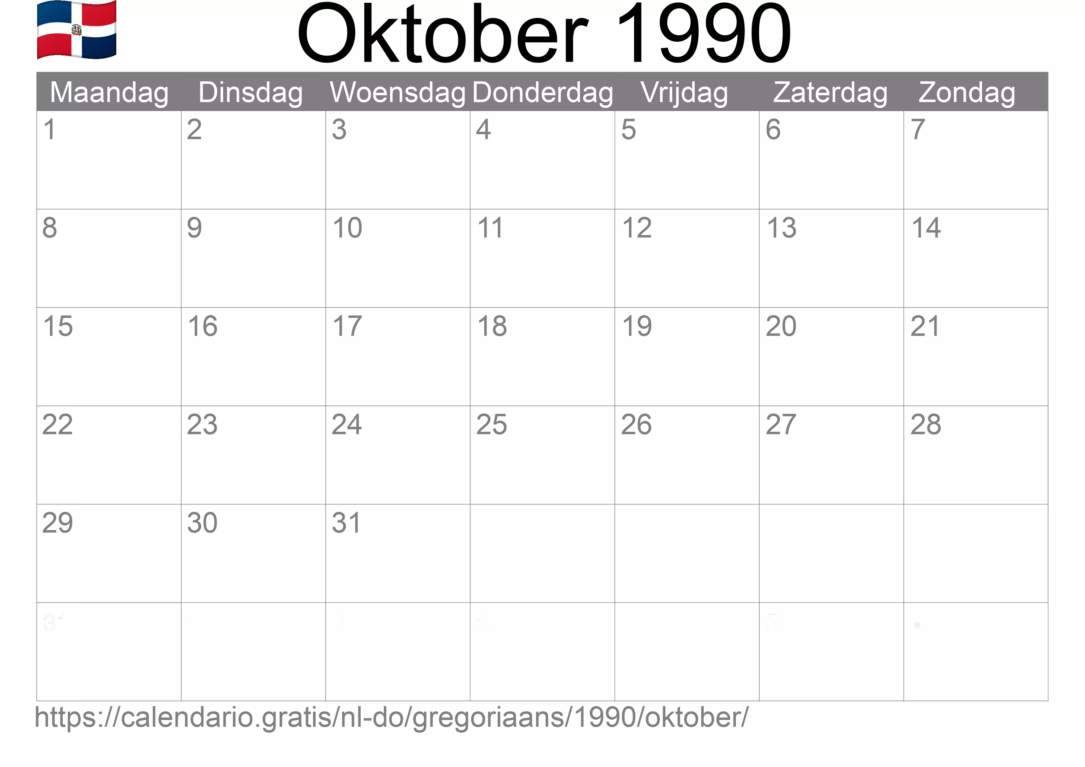 Kalender Oktober 1990 om af te drukken (Dominicaanse Republiek)