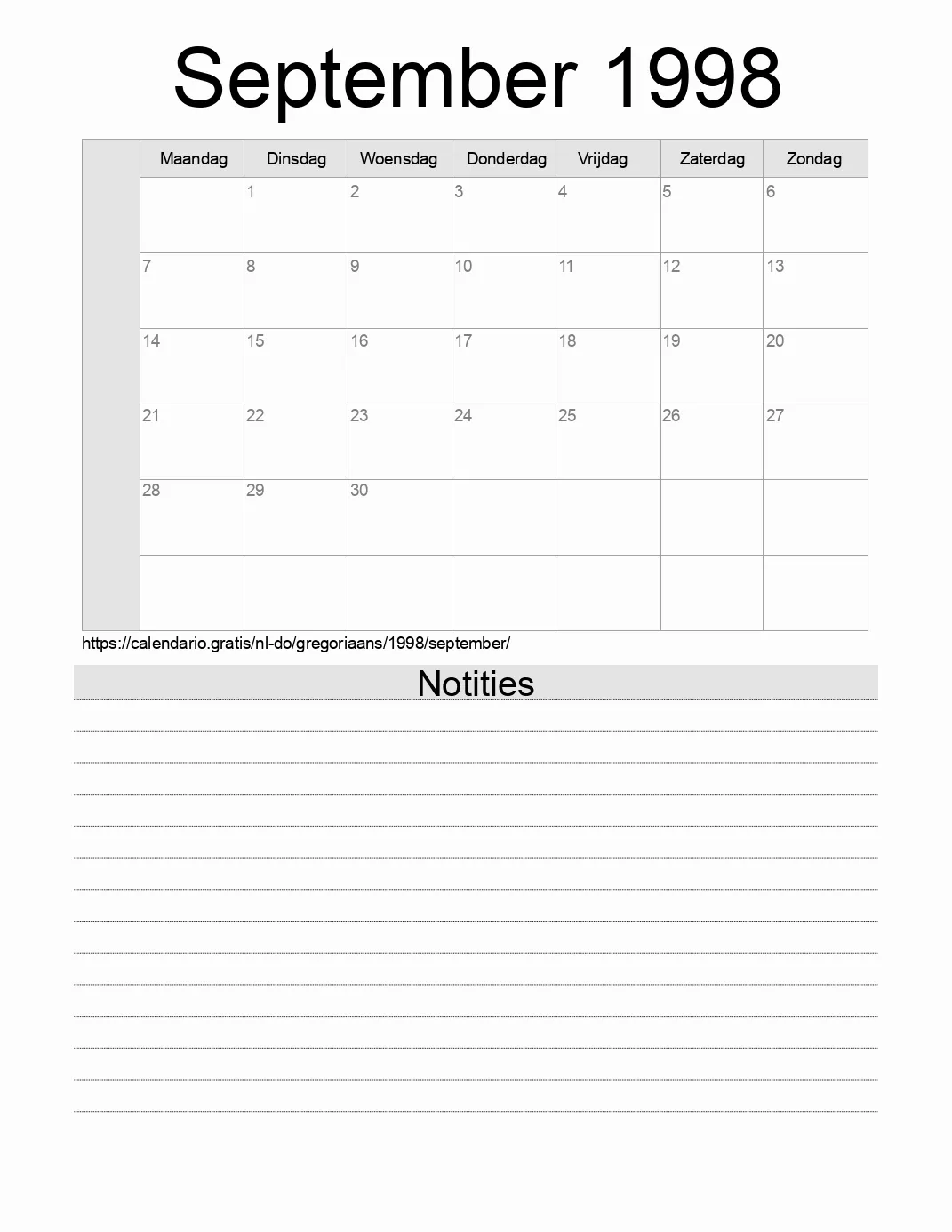 Kalender voor September 1998 om af te drukken met notities. (Dominicaanse Republiek)