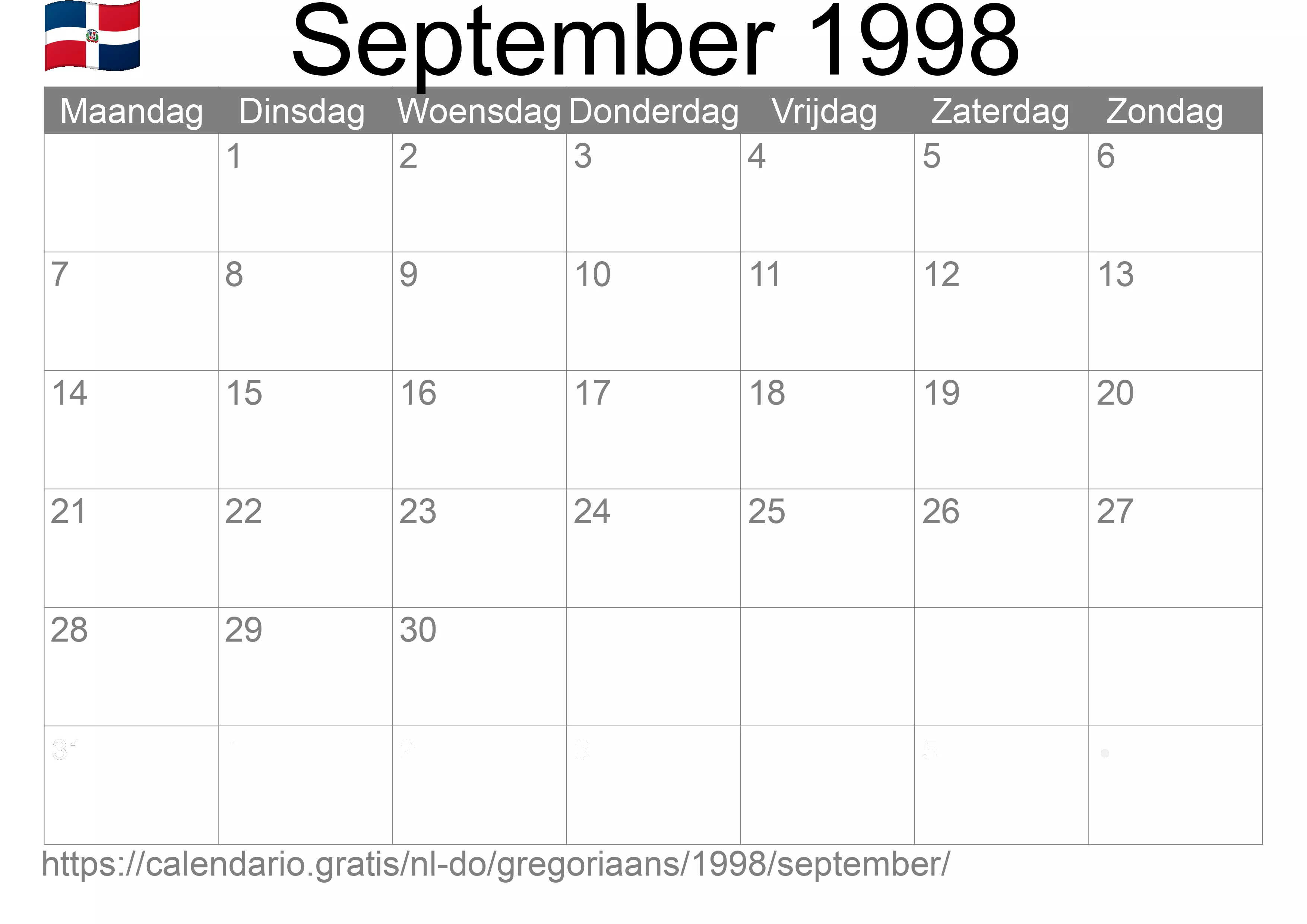Kalender September 1998 om af te drukken (Dominicaanse Republiek)
