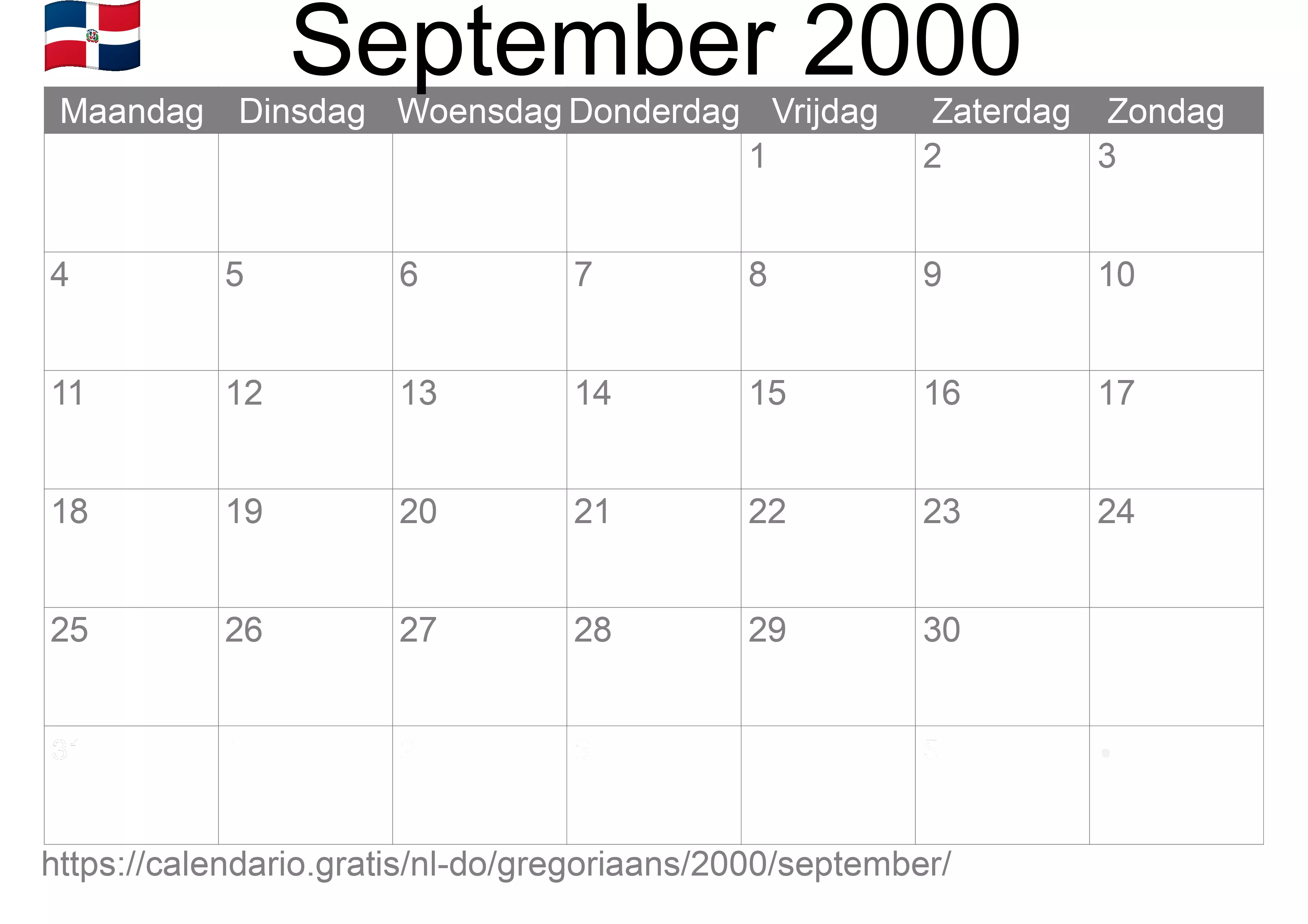 Kalender September 2000 om af te drukken (Dominicaanse Republiek)