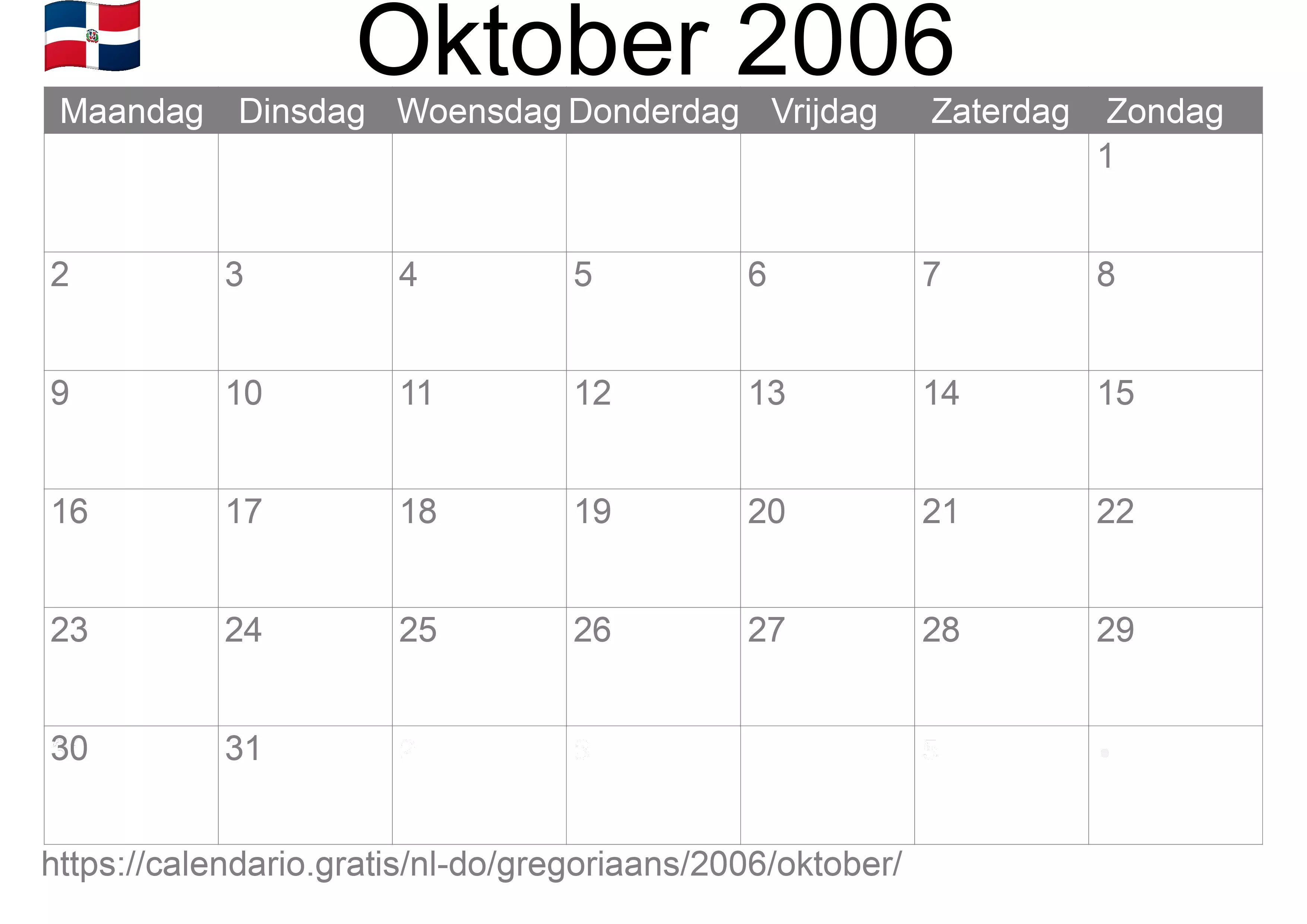 Kalender Oktober 2006 om af te drukken (Dominicaanse Republiek)
