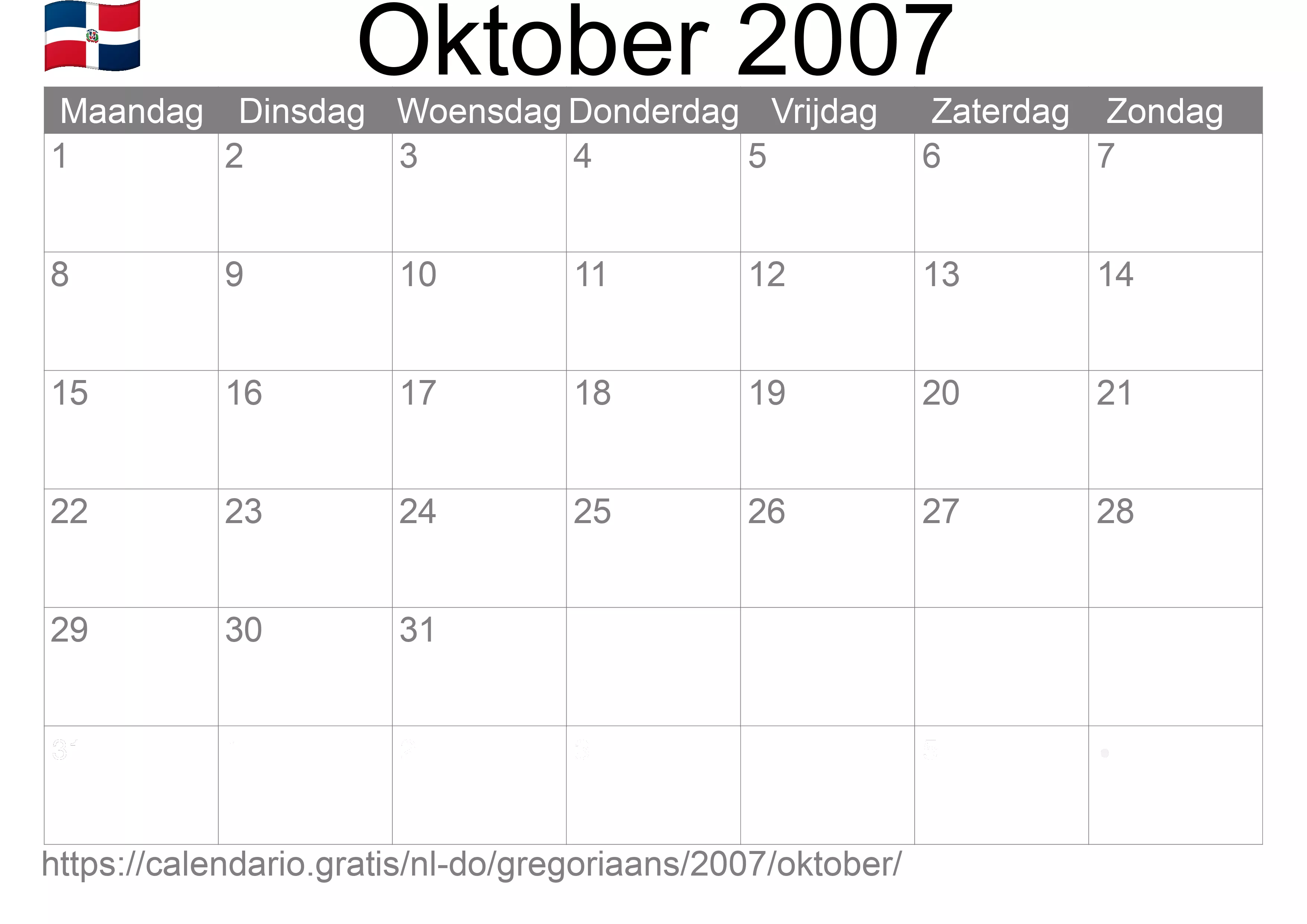 Kalender Oktober 2007 om af te drukken (Dominicaanse Republiek)