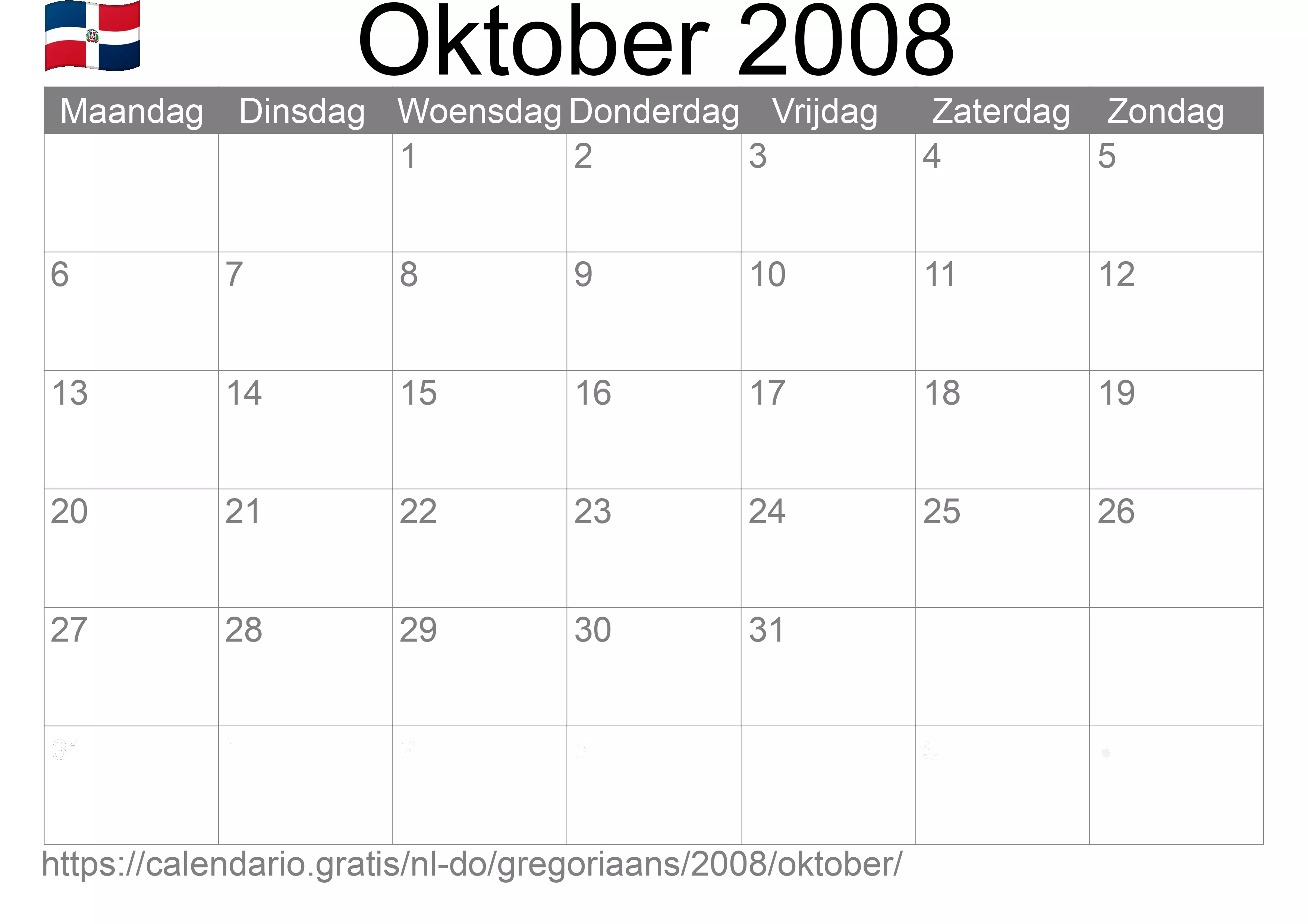 Kalender Oktober 2008 om af te drukken (Dominicaanse Republiek)