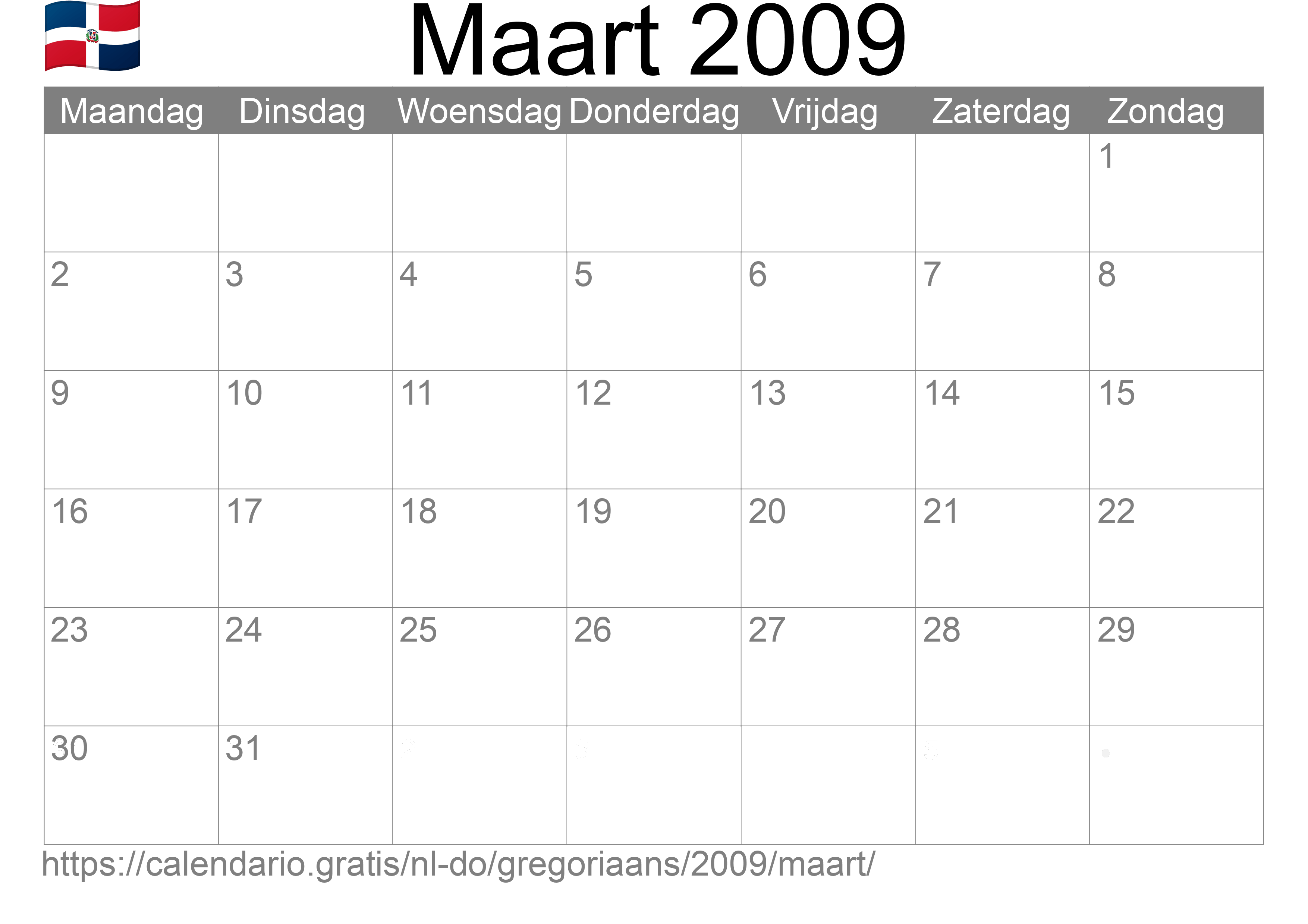 Kalender Maart 2009 om af te drukken