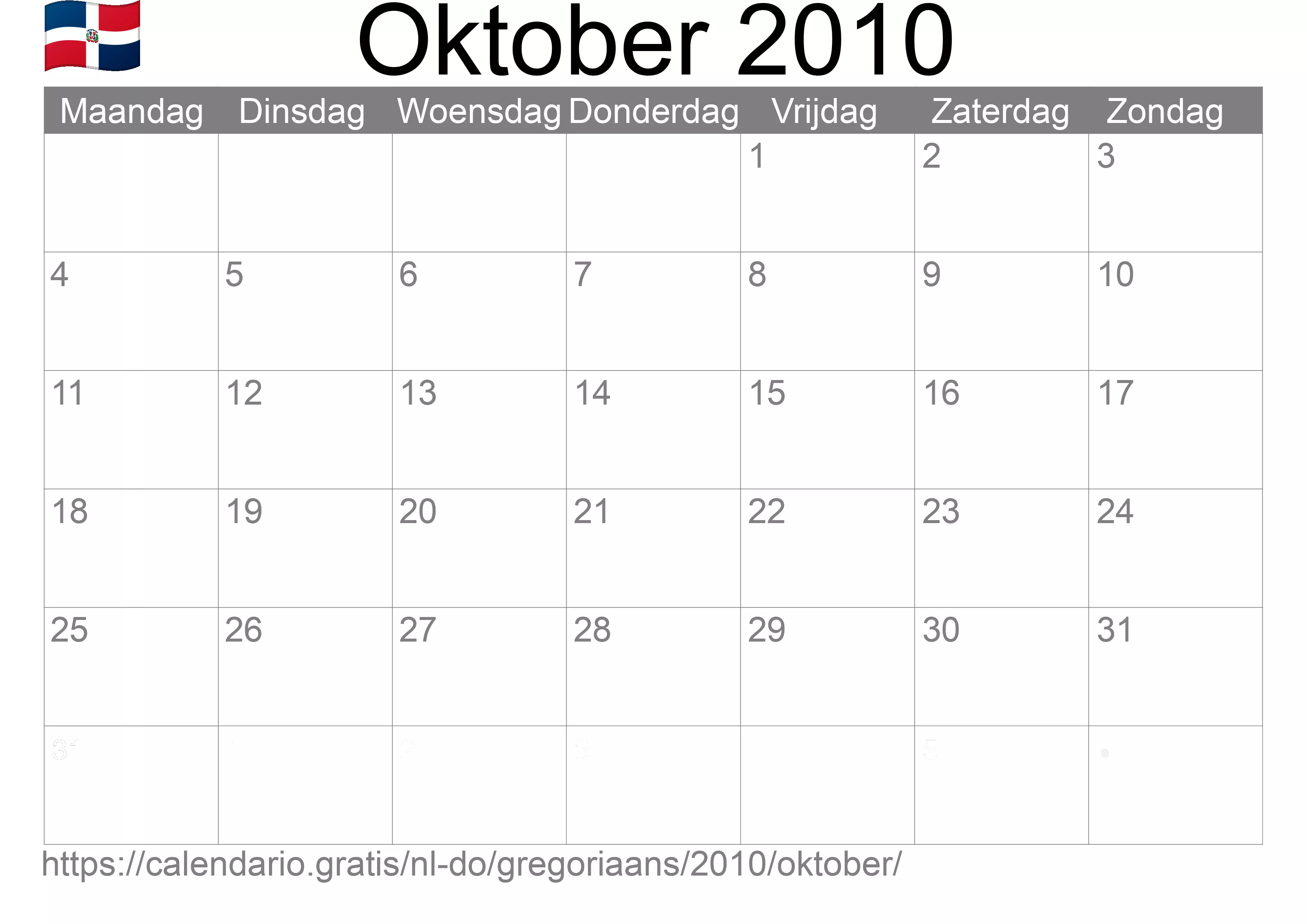 Kalender Oktober 2010 om af te drukken (Dominicaanse Republiek)