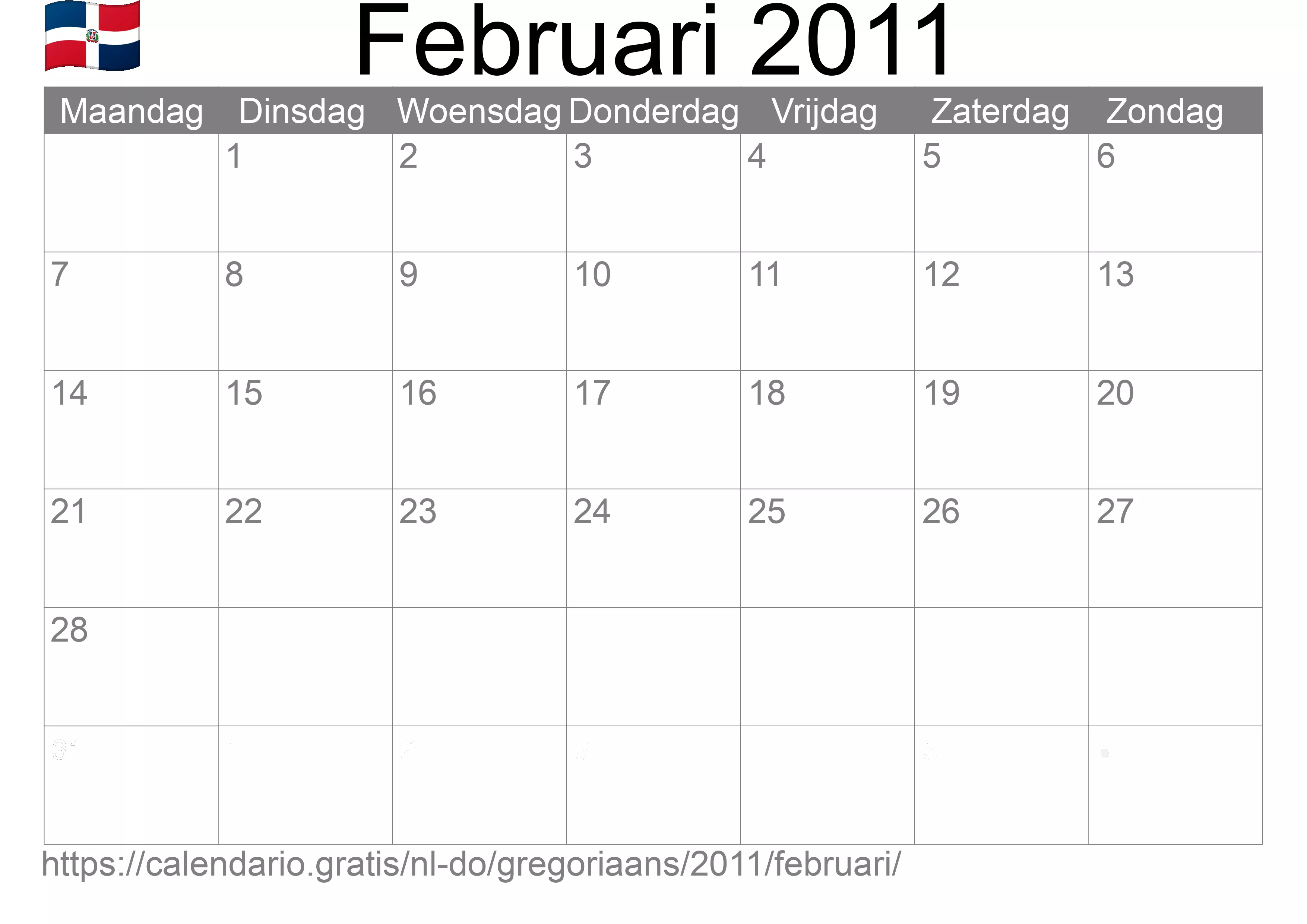 Kalender Februari 2011 om af te drukken (Dominicaanse Republiek) Kalender Februari 2011 om af te drukken (Dominicaanse Republiek)