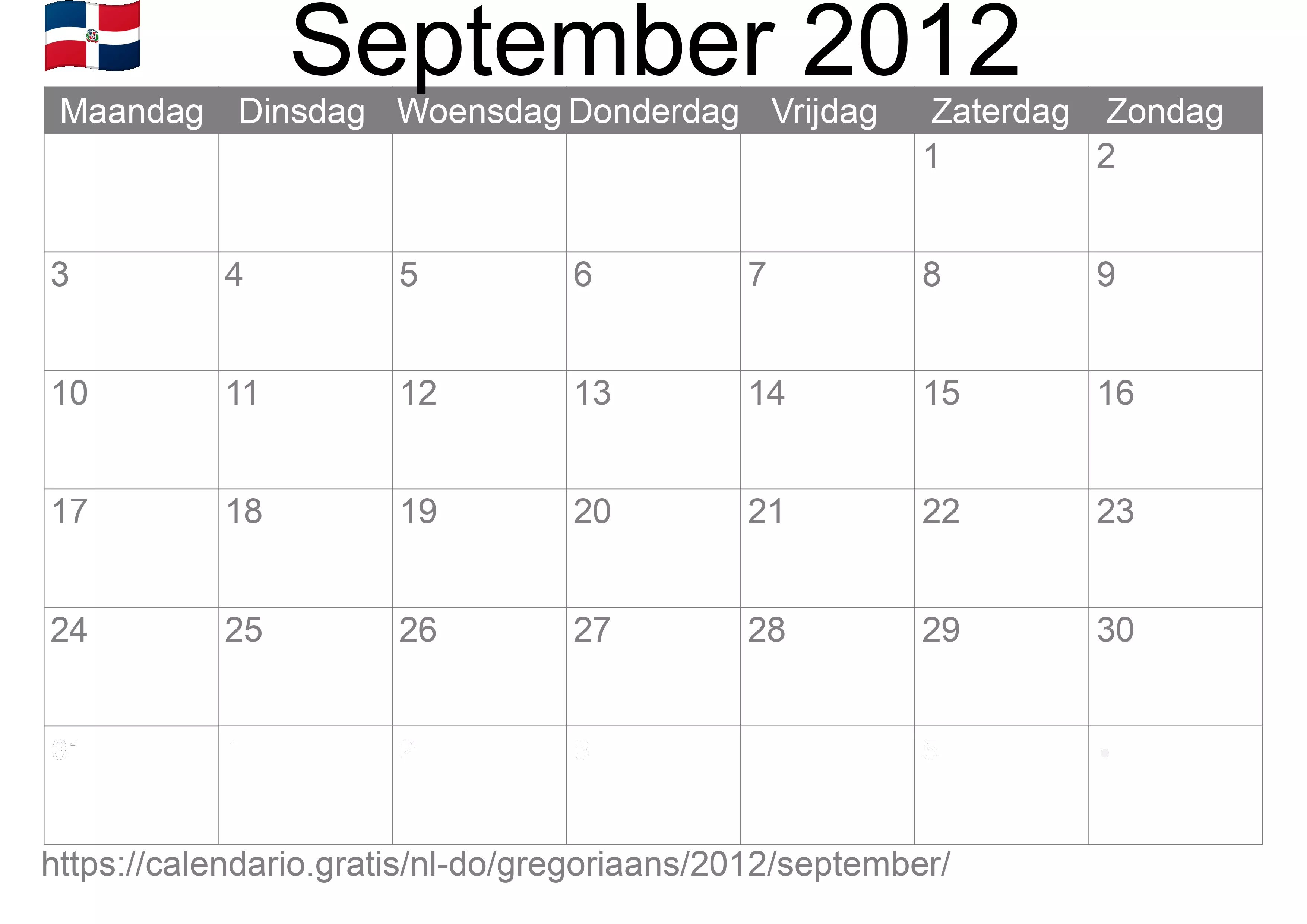 Kalender September 2012 om af te drukken (Dominicaanse Republiek)