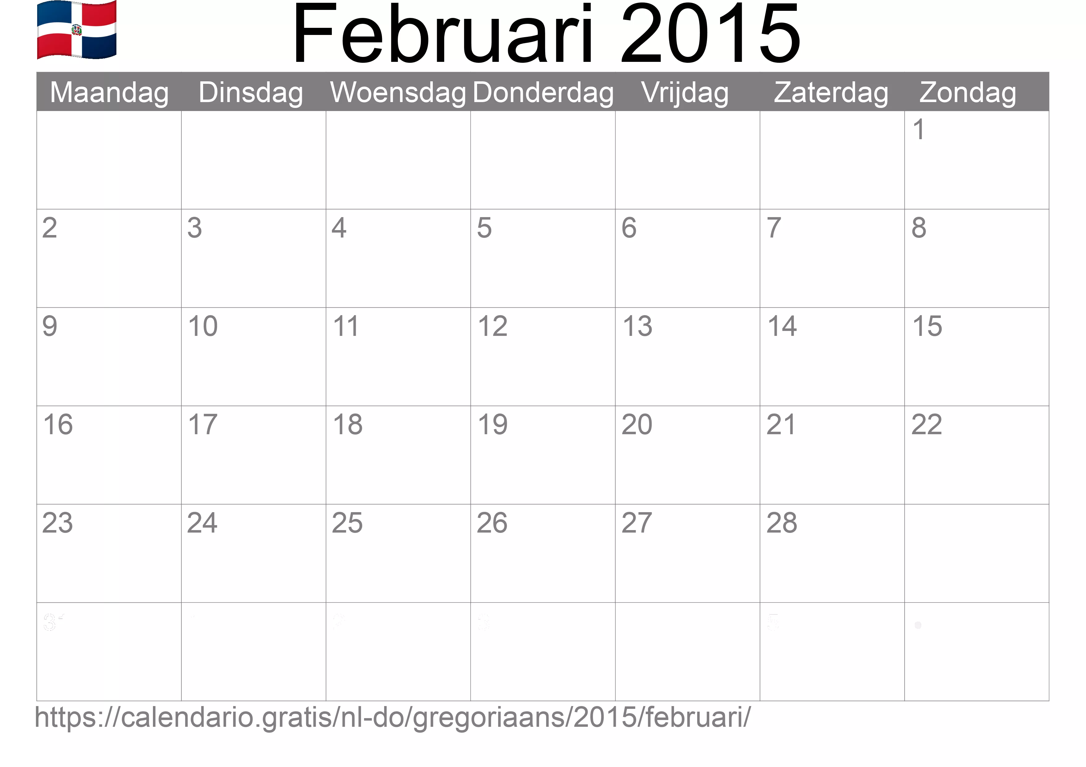 Kalender Februari 2015 om af te drukken (Dominicaanse Republiek) Kalender Februari 2015 om af te drukken (Dominicaanse Republiek)
