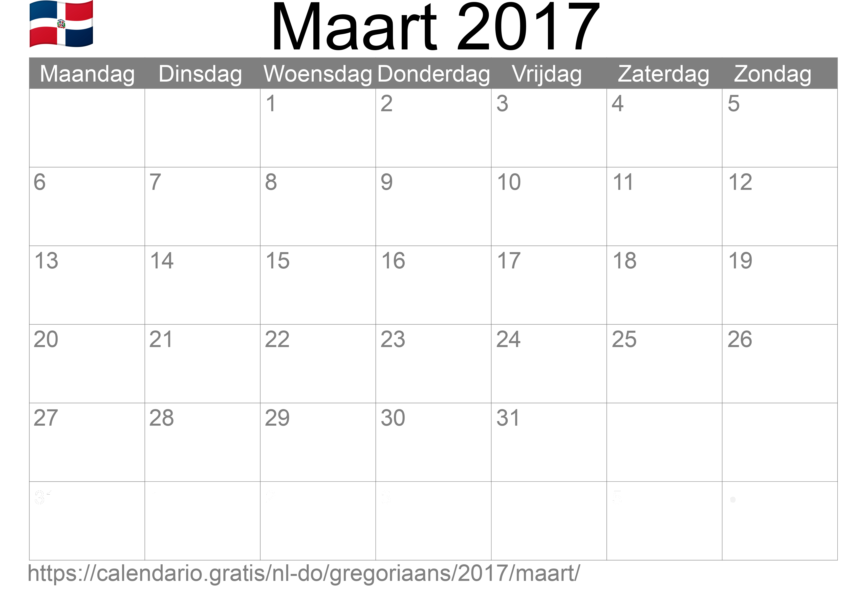 Kalender Maart 2017 om af te drukken