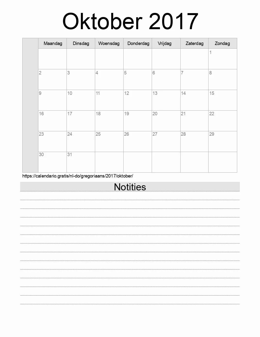 Kalender voor Oktober 2017 om af te drukken met notities. (Dominicaanse Republiek)
