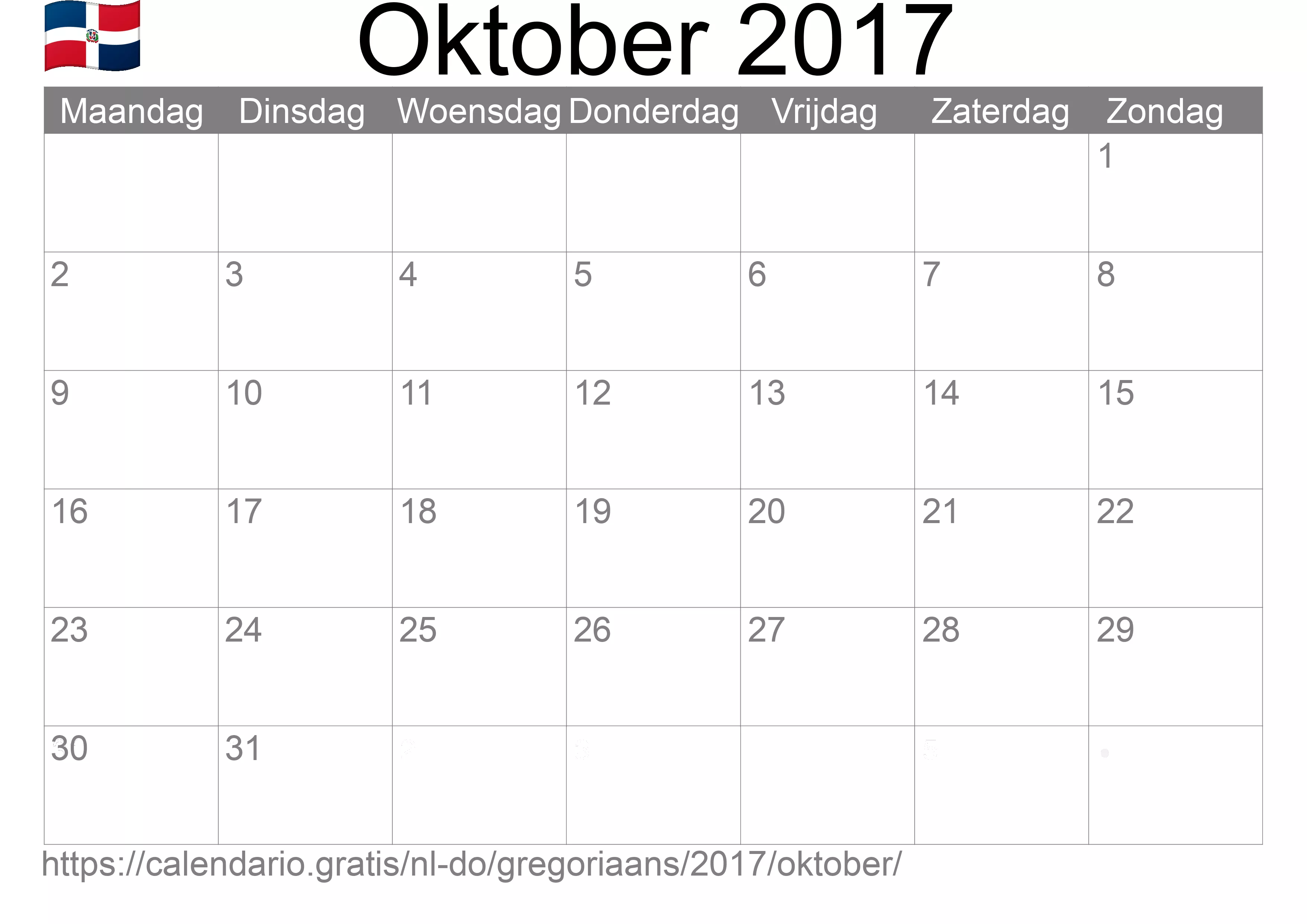 Kalender Oktober 2017 om af te drukken (Dominicaanse Republiek)