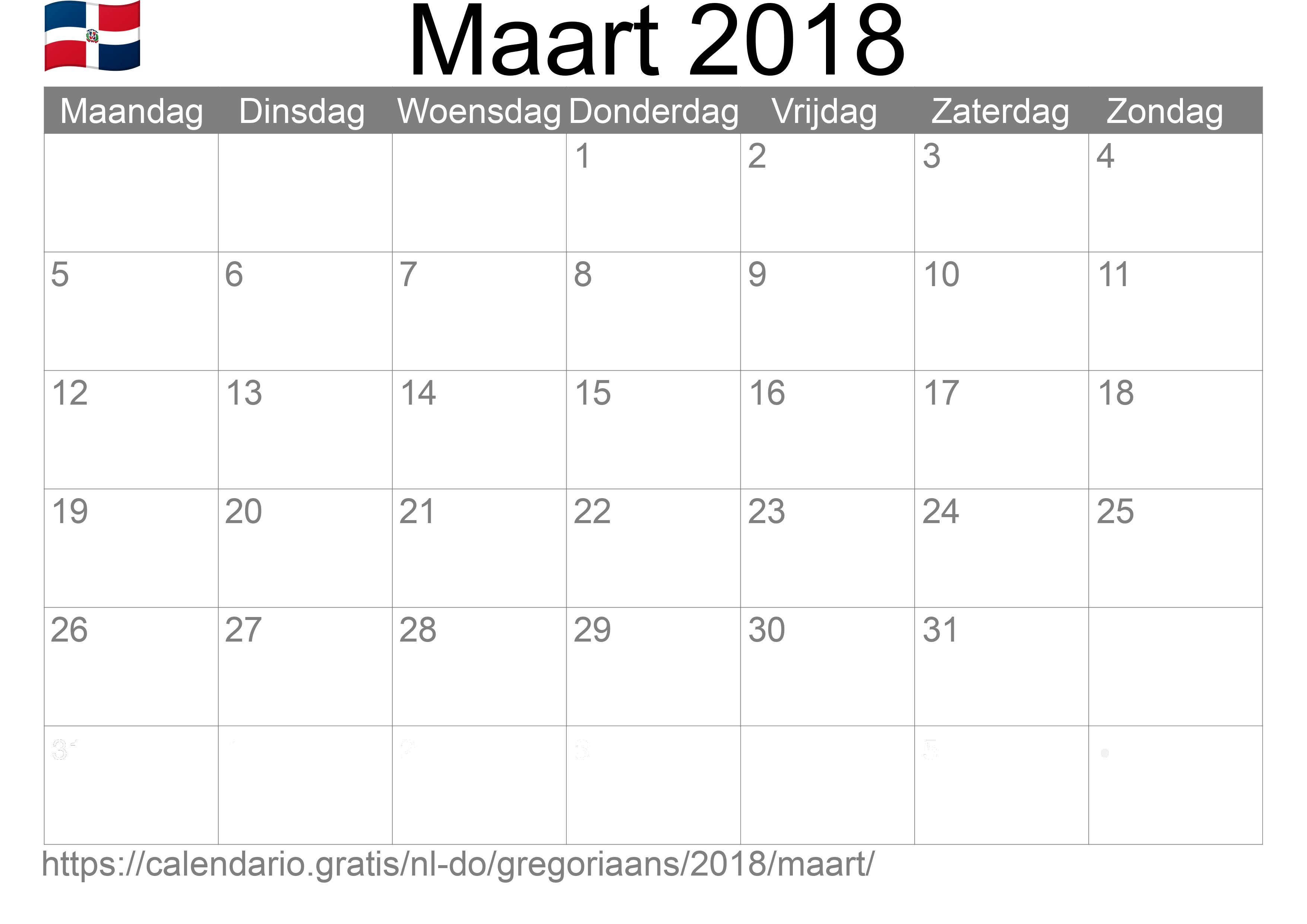 Kalender Maart 2018 om af te drukken