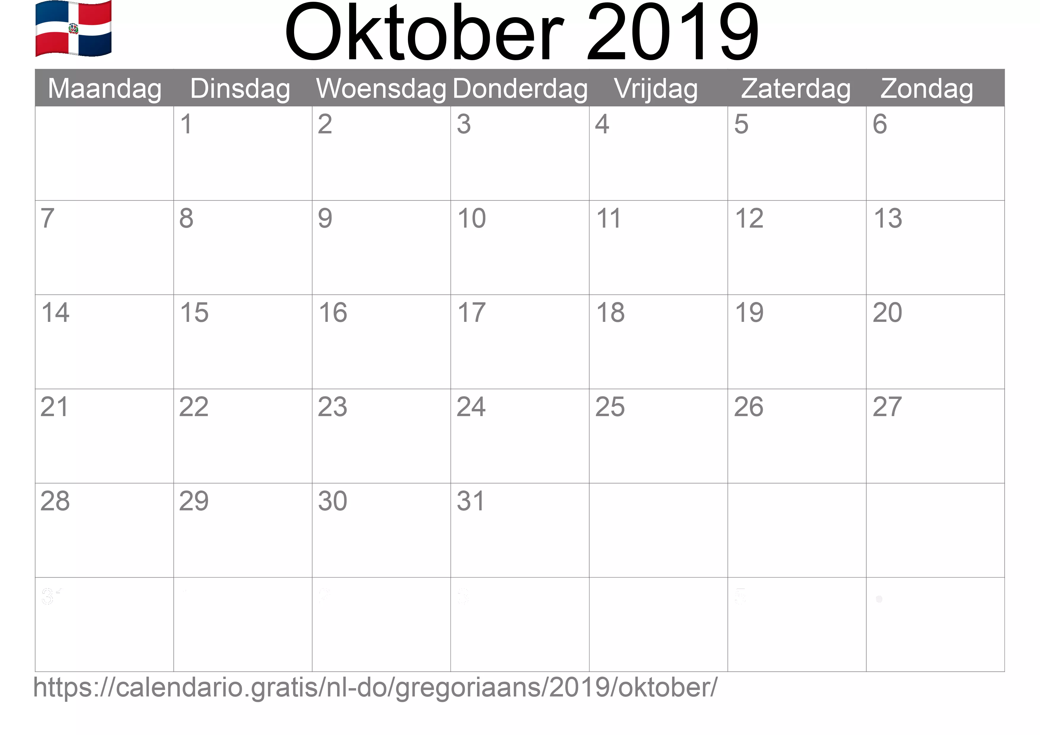 Kalender Oktober 2019 om af te drukken (Dominicaanse Republiek)
