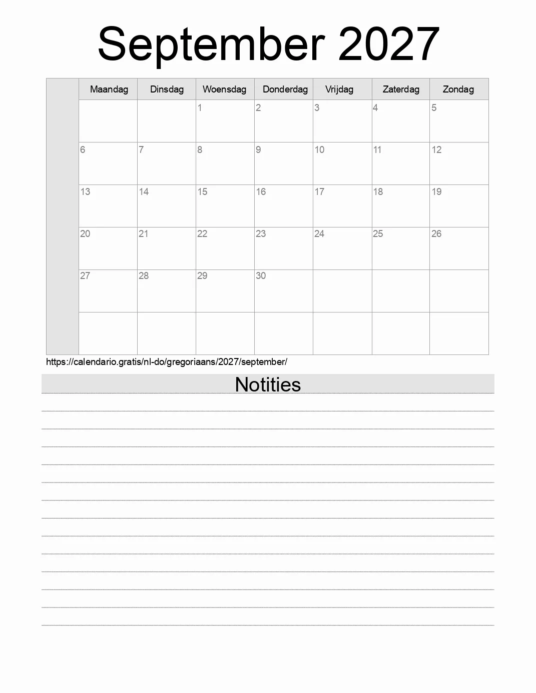Kalender voor September 2027 om af te drukken met notities. (Dominicaanse Republiek)
