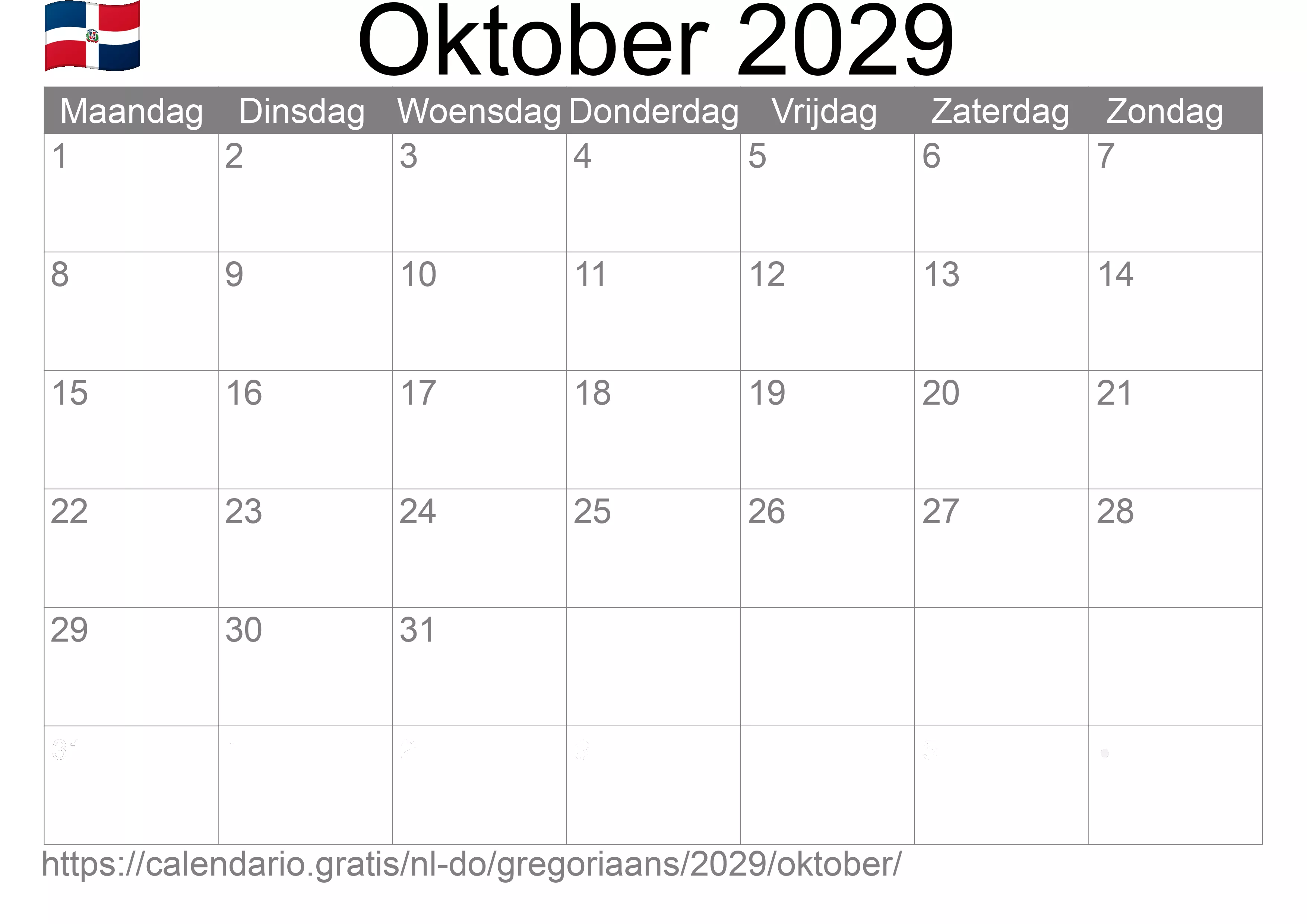 Kalender Oktober 2029 om af te drukken (Dominicaanse Republiek)