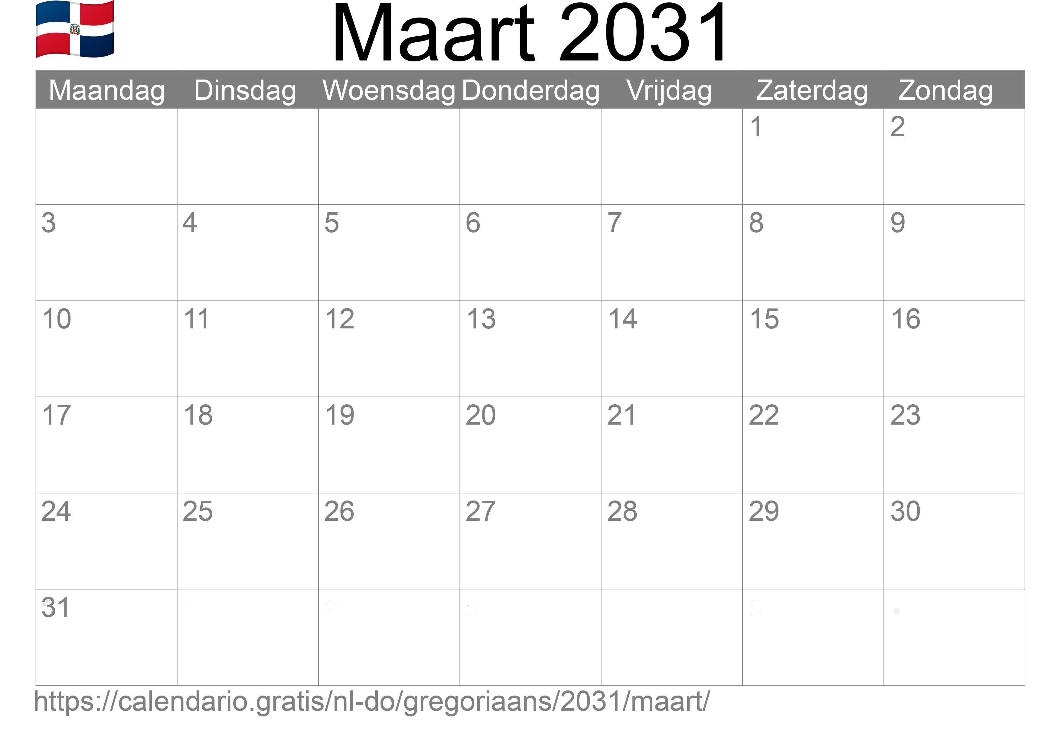 Kalender Maart 2031 om af te drukken