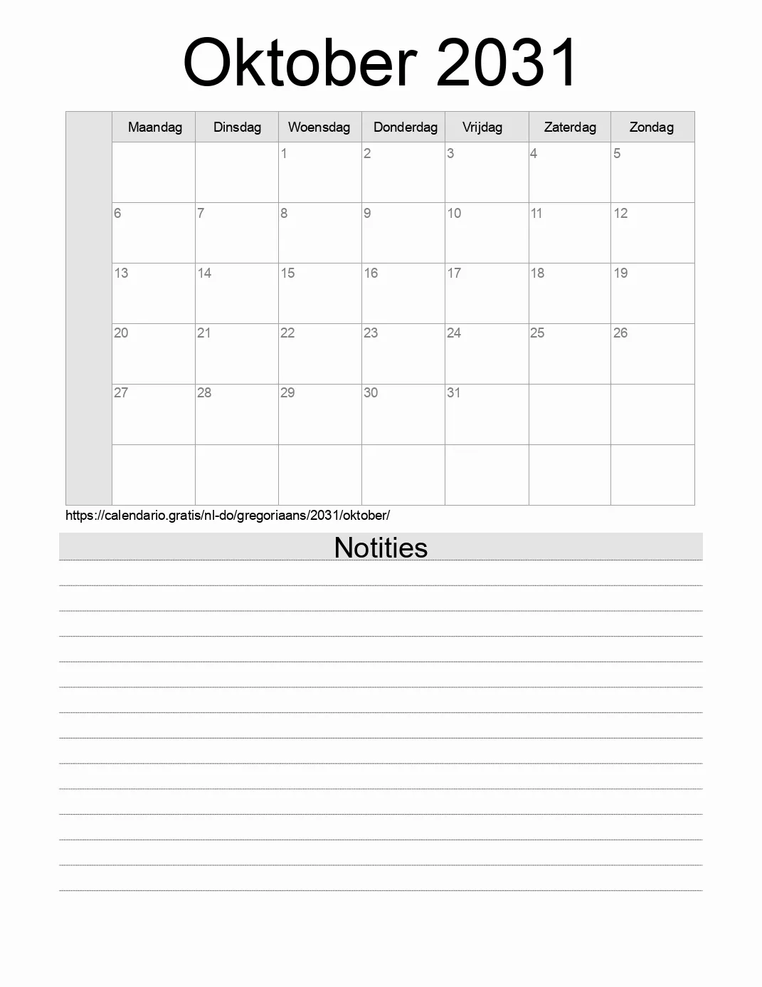 Kalender voor Oktober 2031 om af te drukken met notities. (Dominicaanse Republiek)