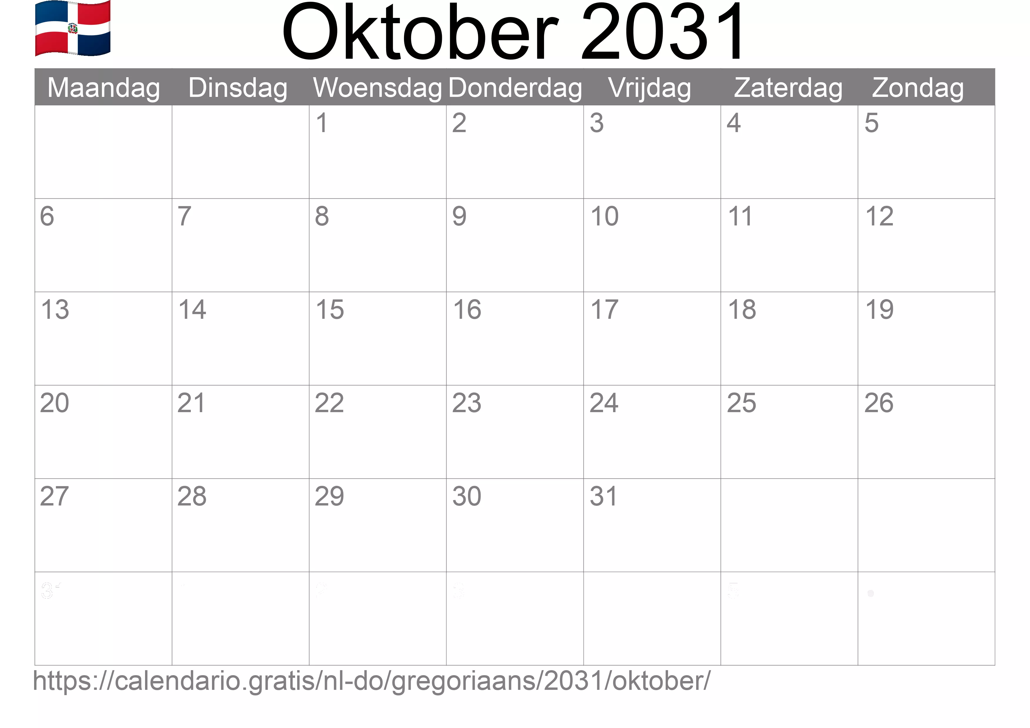 Kalender Oktober 2031 om af te drukken (Dominicaanse Republiek)