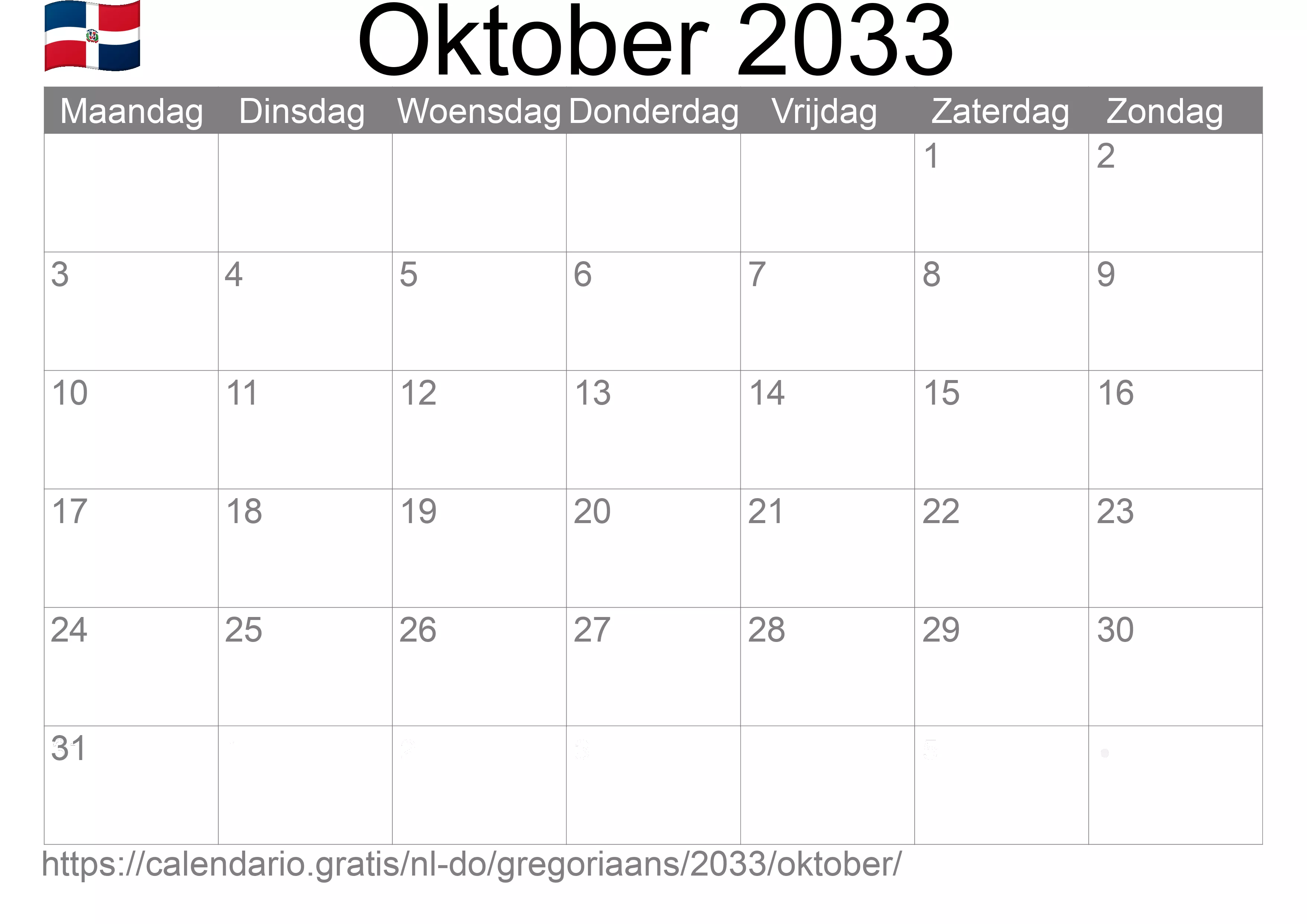 Kalender Oktober 2033 om af te drukken (Dominicaanse Republiek)
