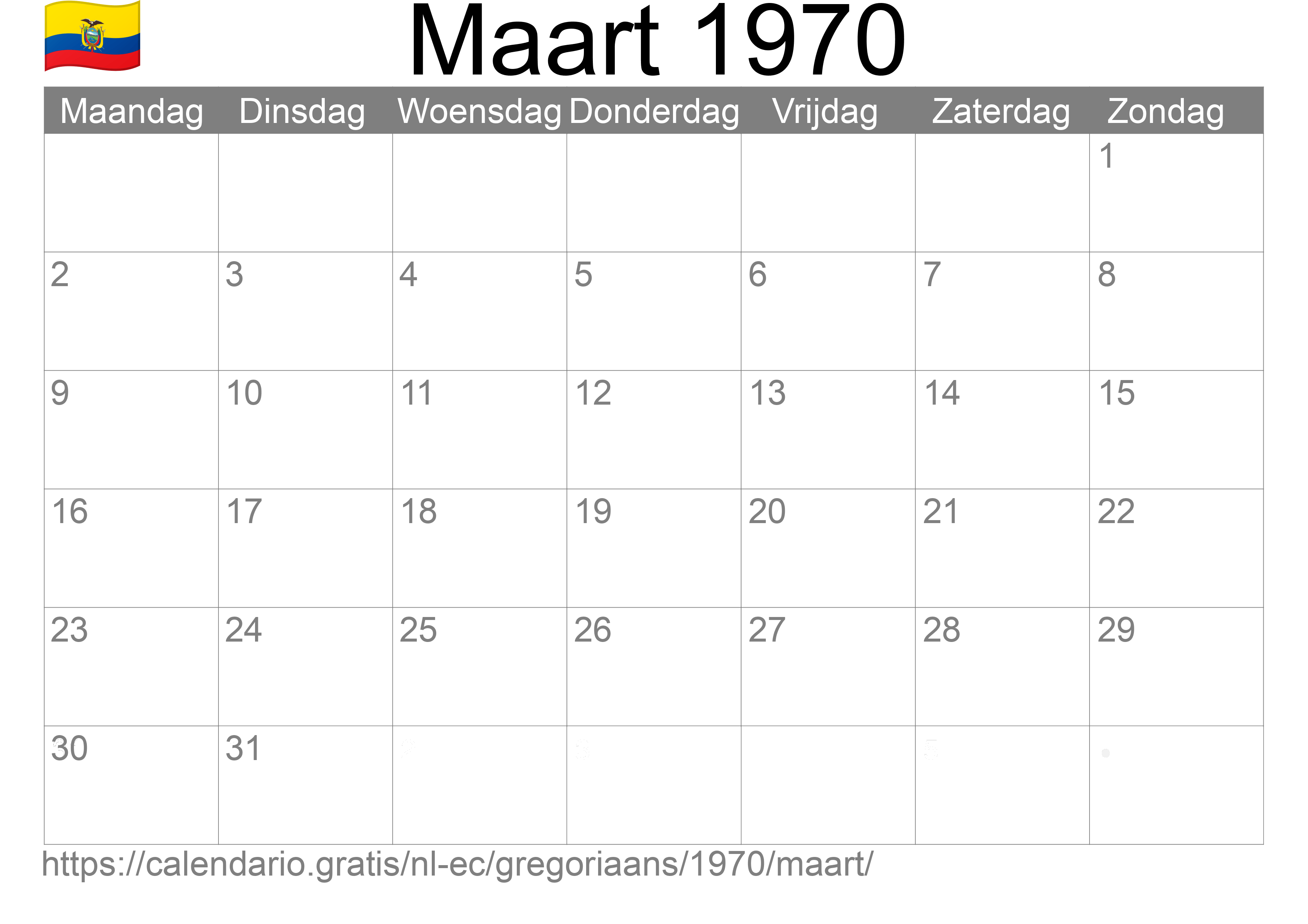 Kalender Maart 1970 om af te drukken