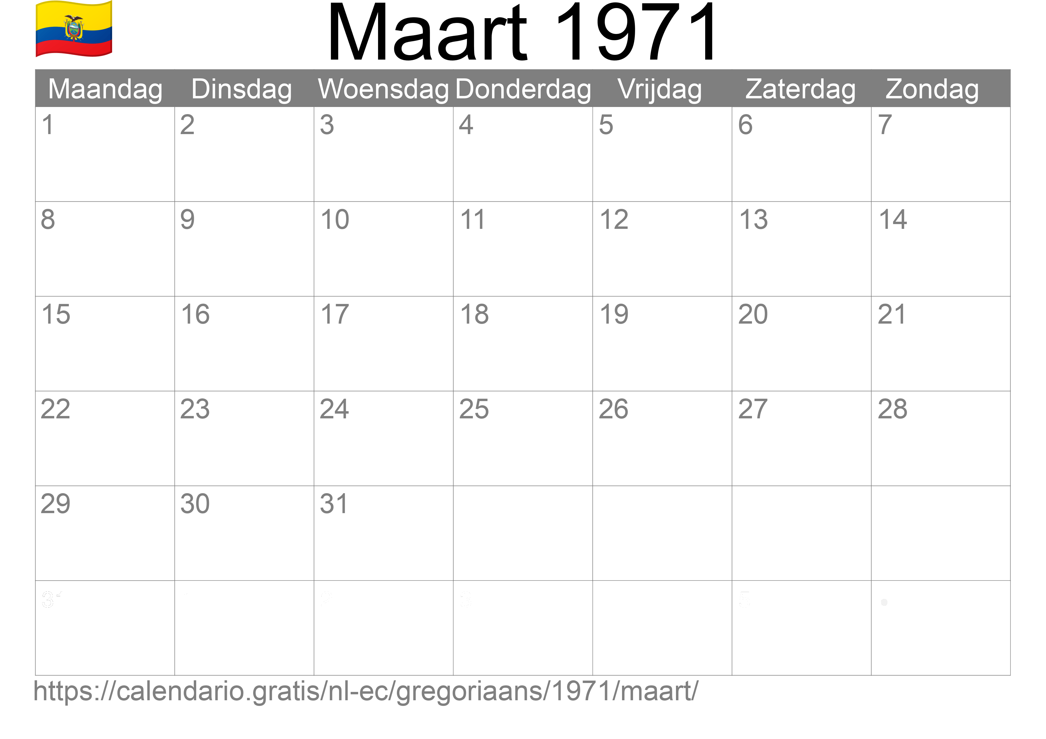 Kalender Maart 1971 om af te drukken