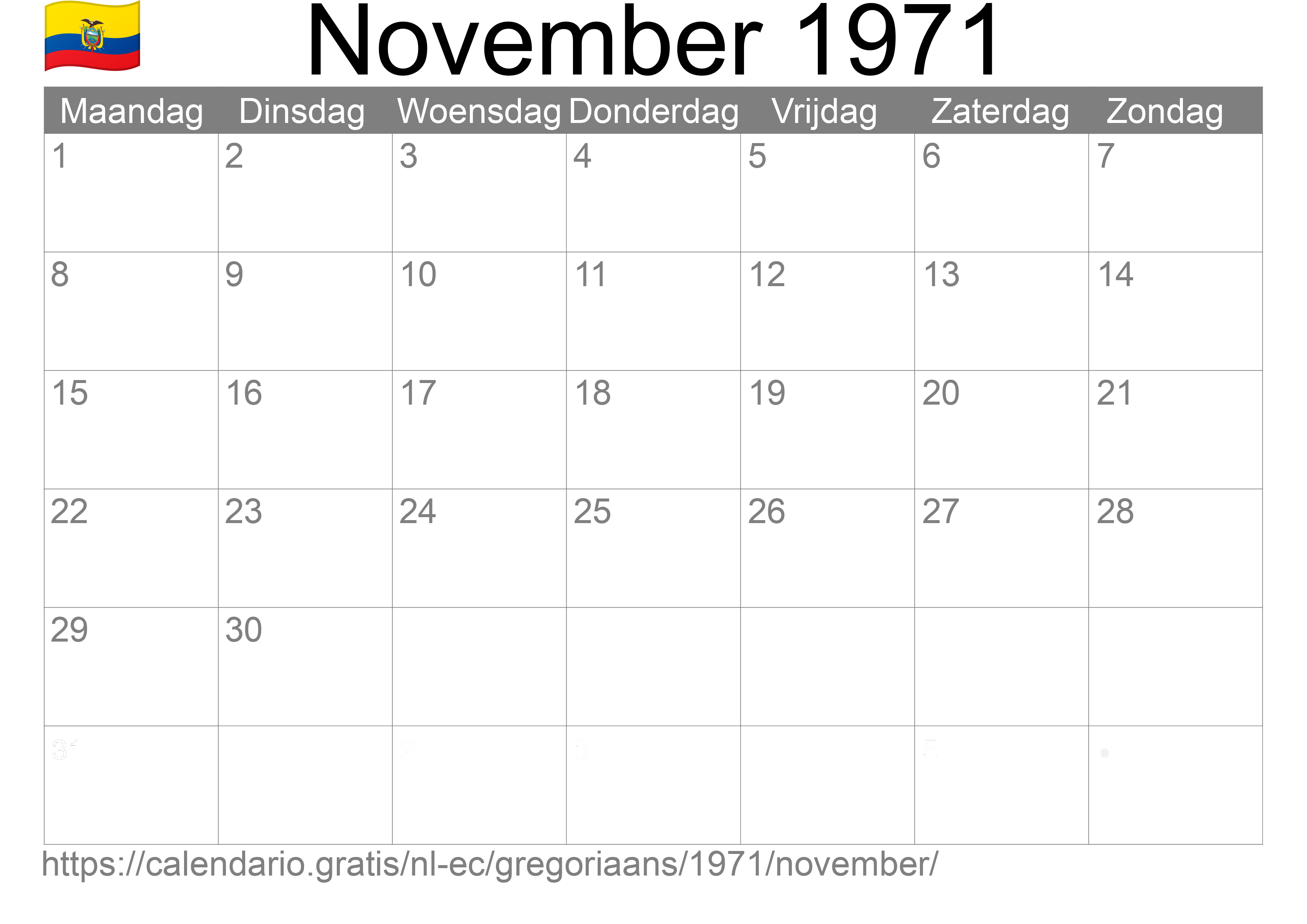 Kalender November 1971 om af te drukken