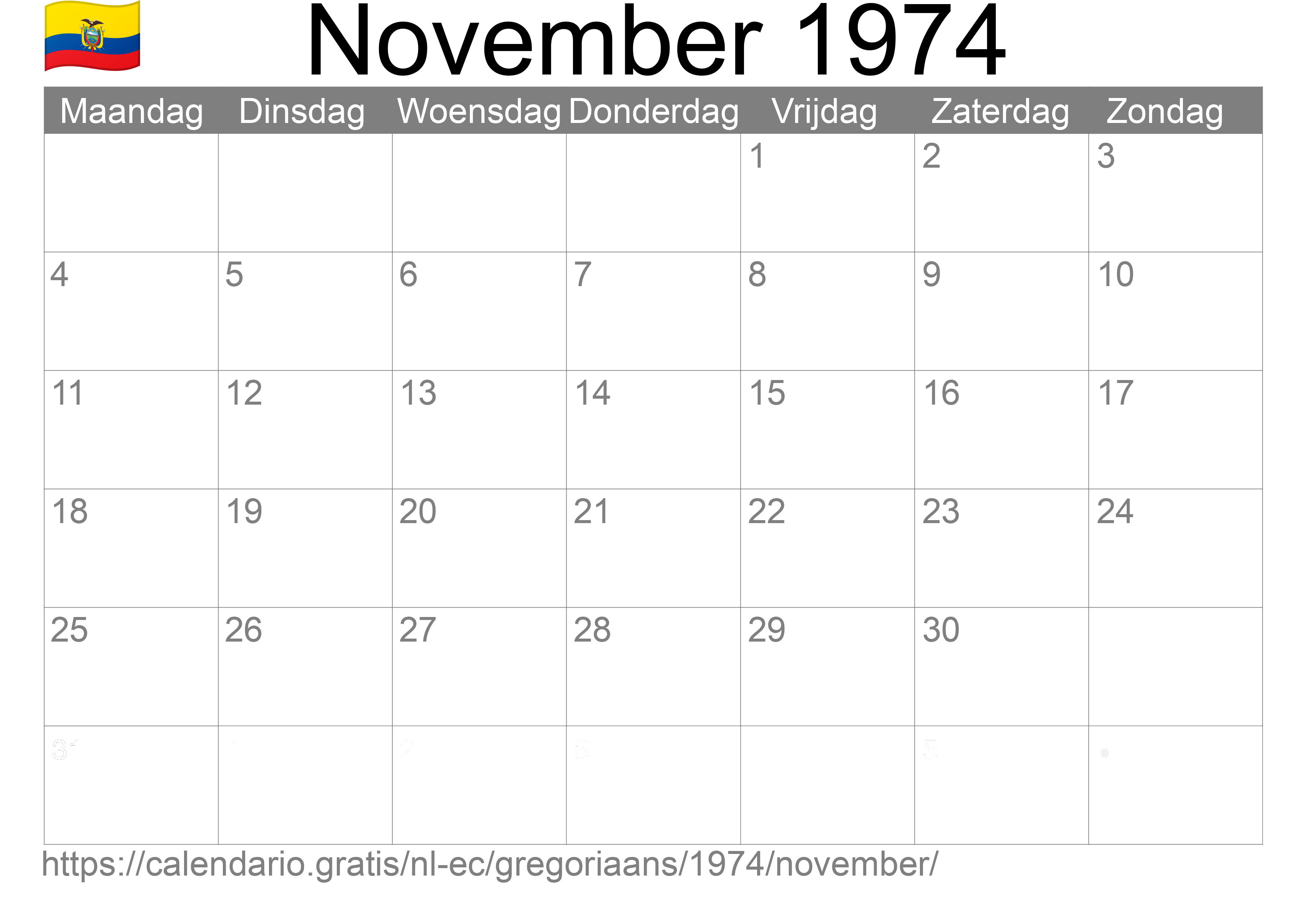 Kalender November 1974 om af te drukken