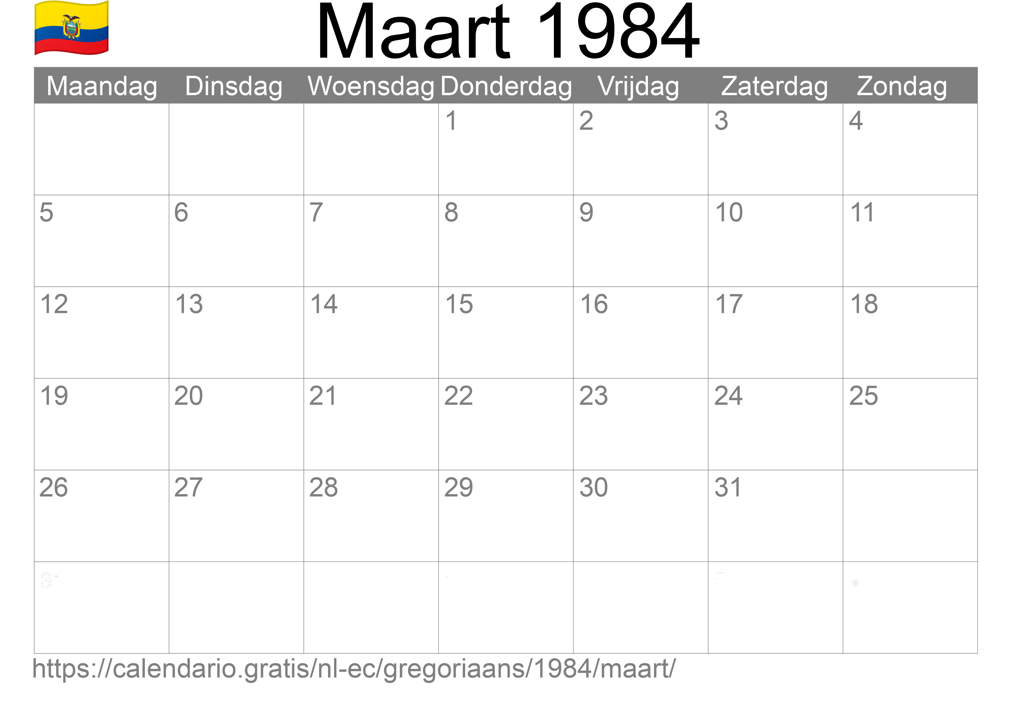 Kalender Maart 1984 om af te drukken