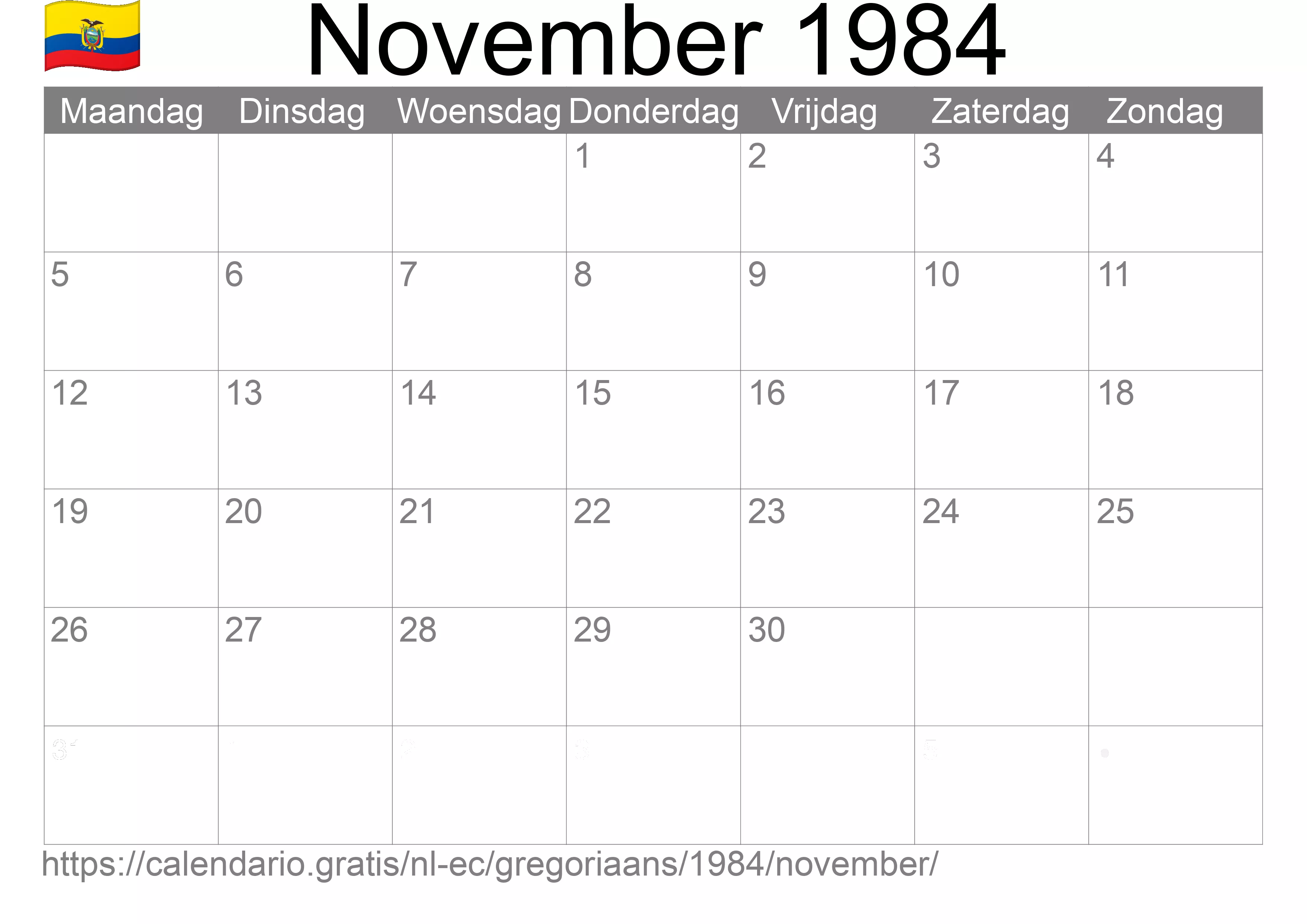 Kalender November 1984 om af te drukken (Ecuador)
