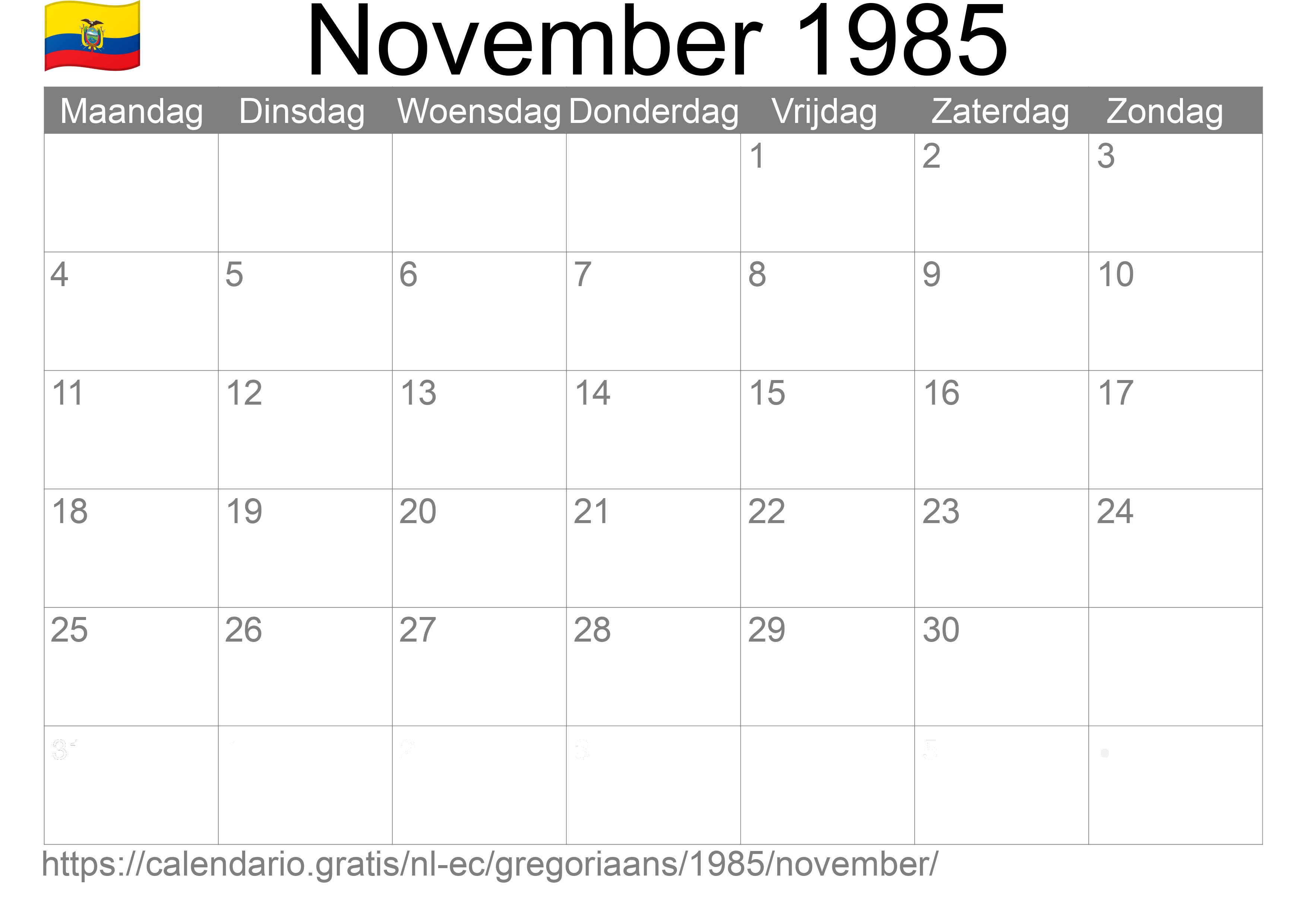 Kalender November 1985 om af te drukken