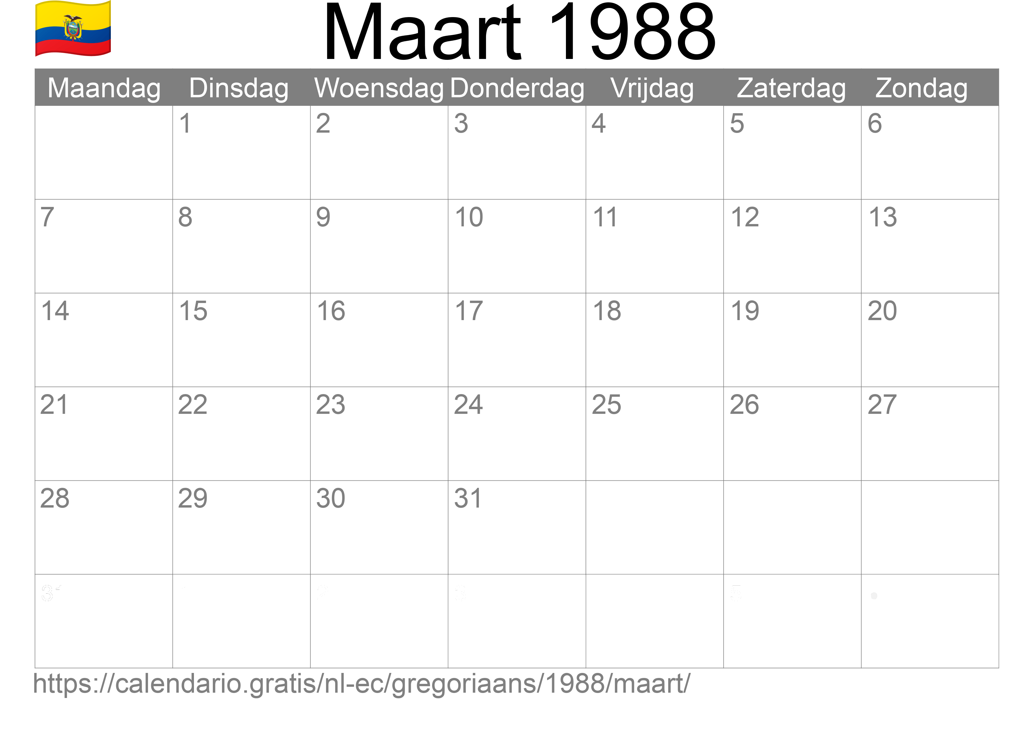 Kalender Maart 1988 om af te drukken