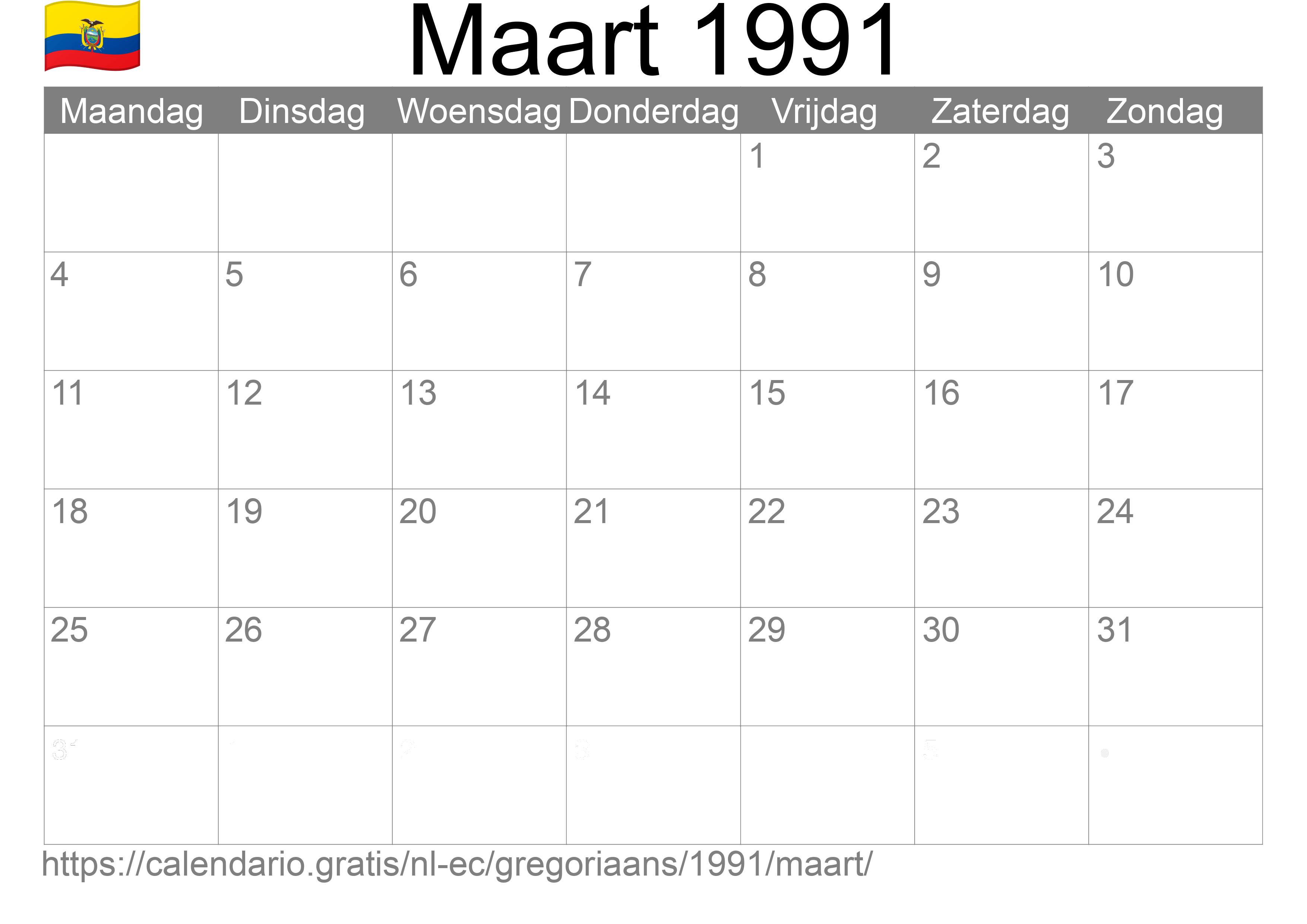 Kalender Maart 1991 om af te drukken