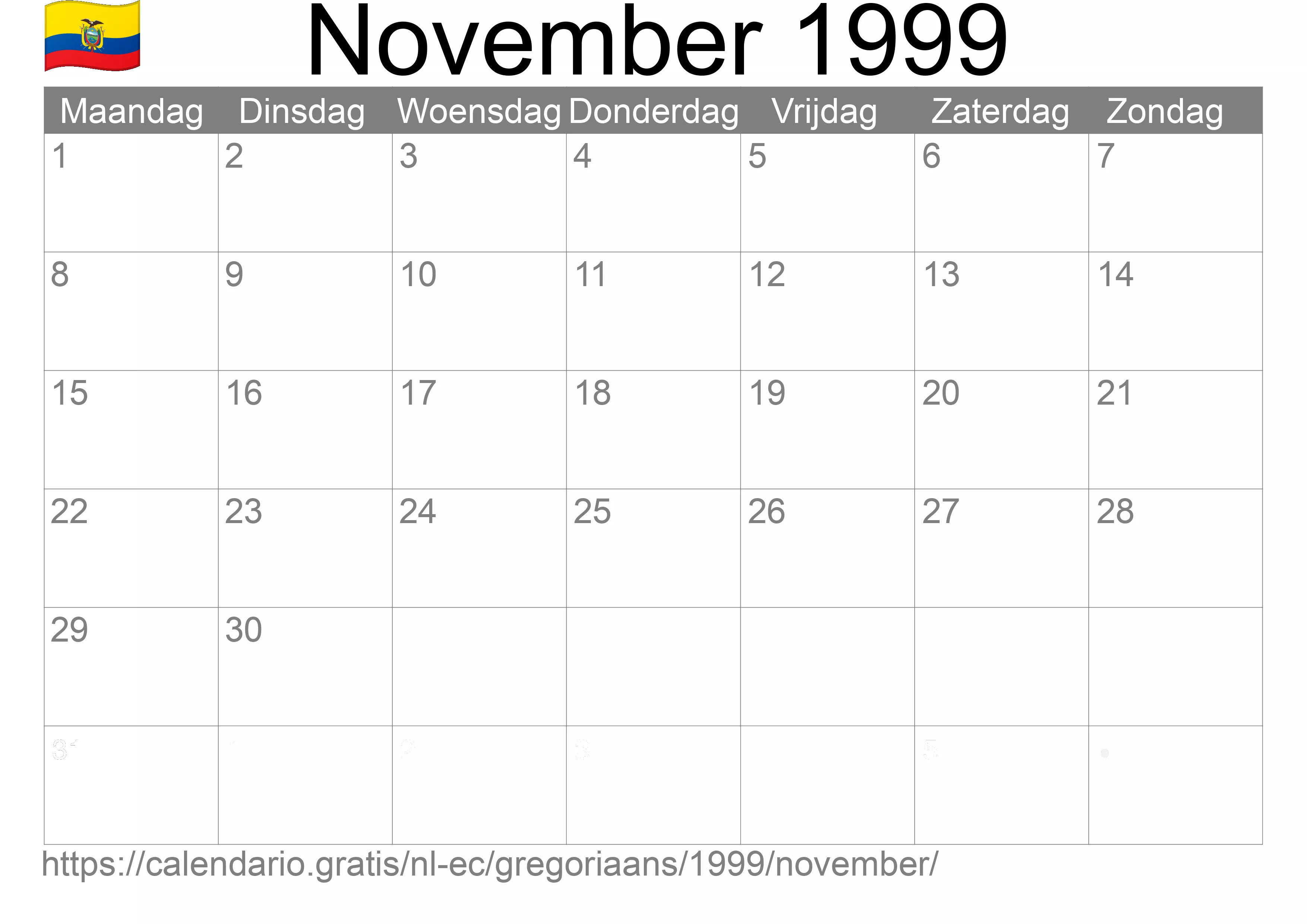 Kalender November 1999 om af te drukken (Ecuador)