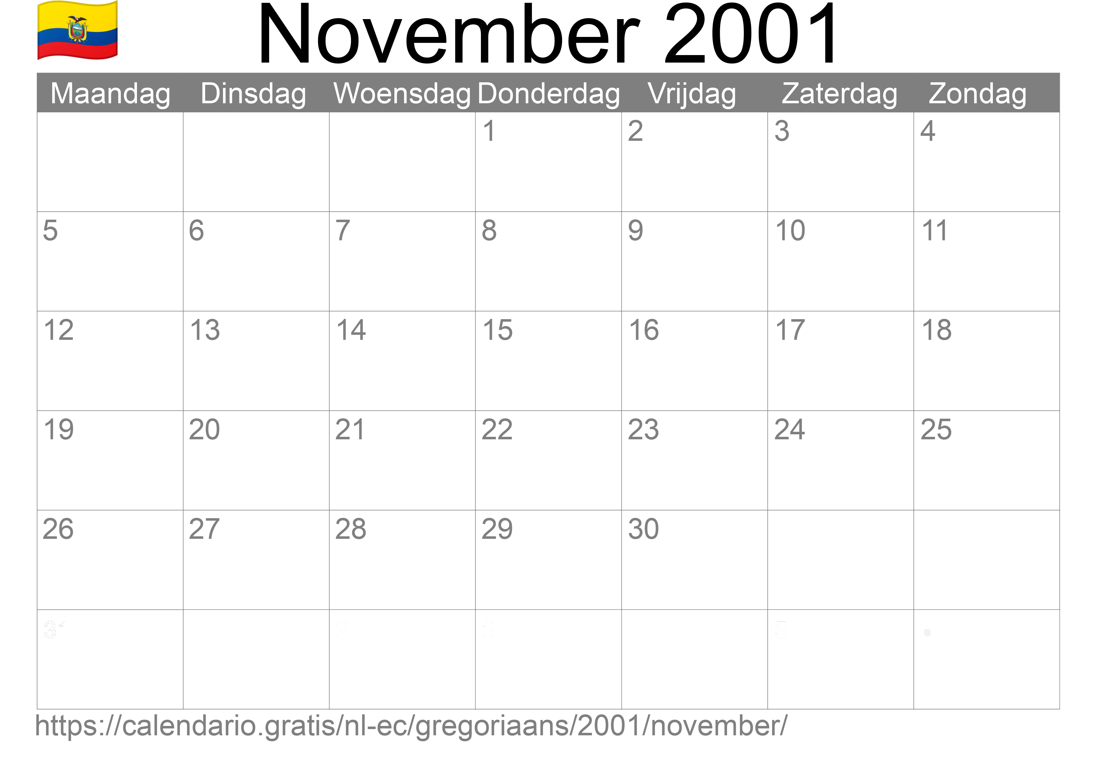 Kalender November 2001 om af te drukken