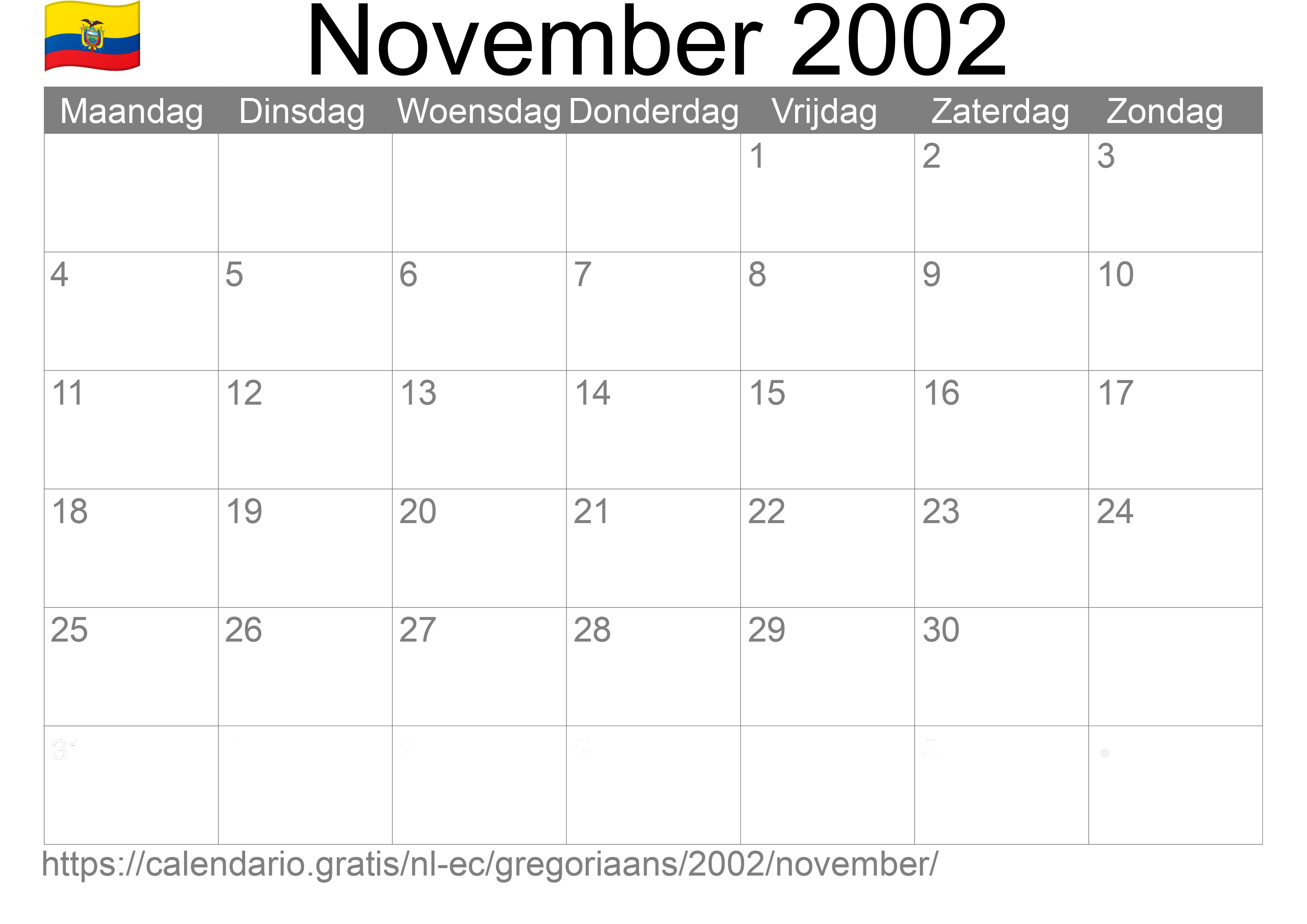 Kalender November 2002 om af te drukken